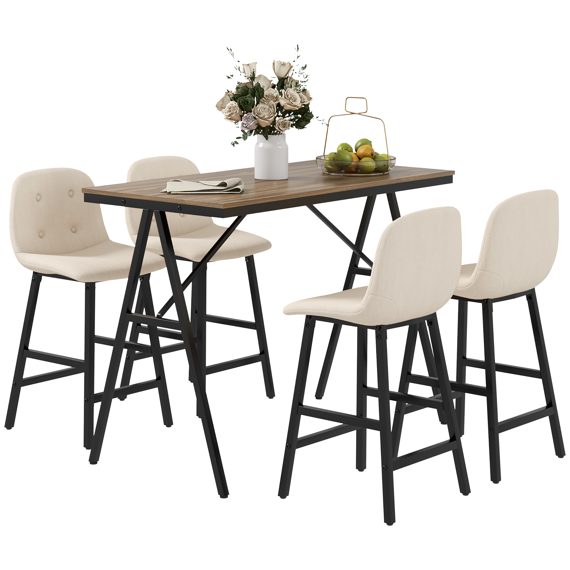Bargarnitur 5-teilig, Tisch und 4 Stühle, Knopfheftung, dicke Polsterung, Leinenoptik, Beige