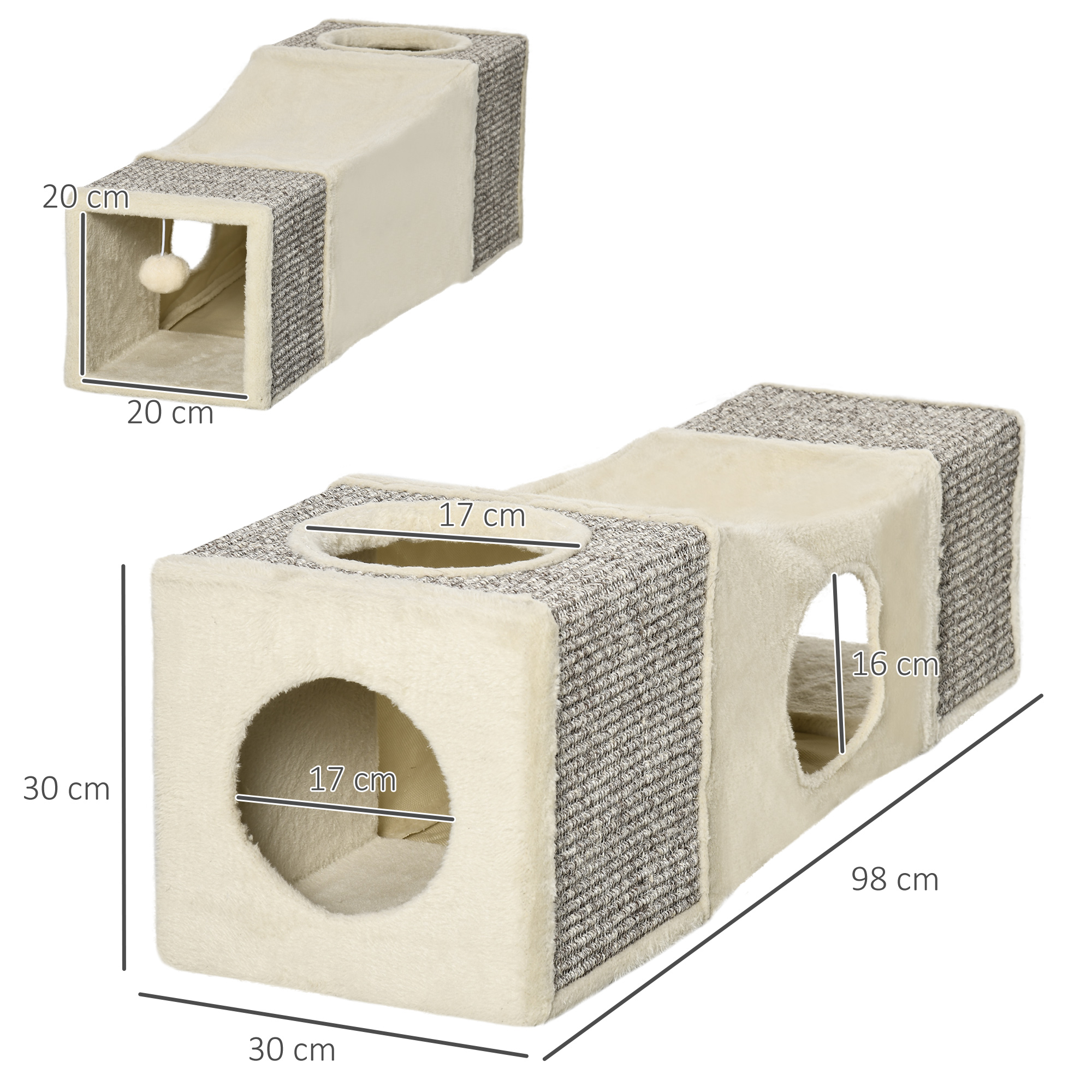 Katzentunnel, 2 Katzenhöhlen, Kratzflächen und Ballspielzeug, 98 cm x 30 cm x 30 cm, Braun + Beige