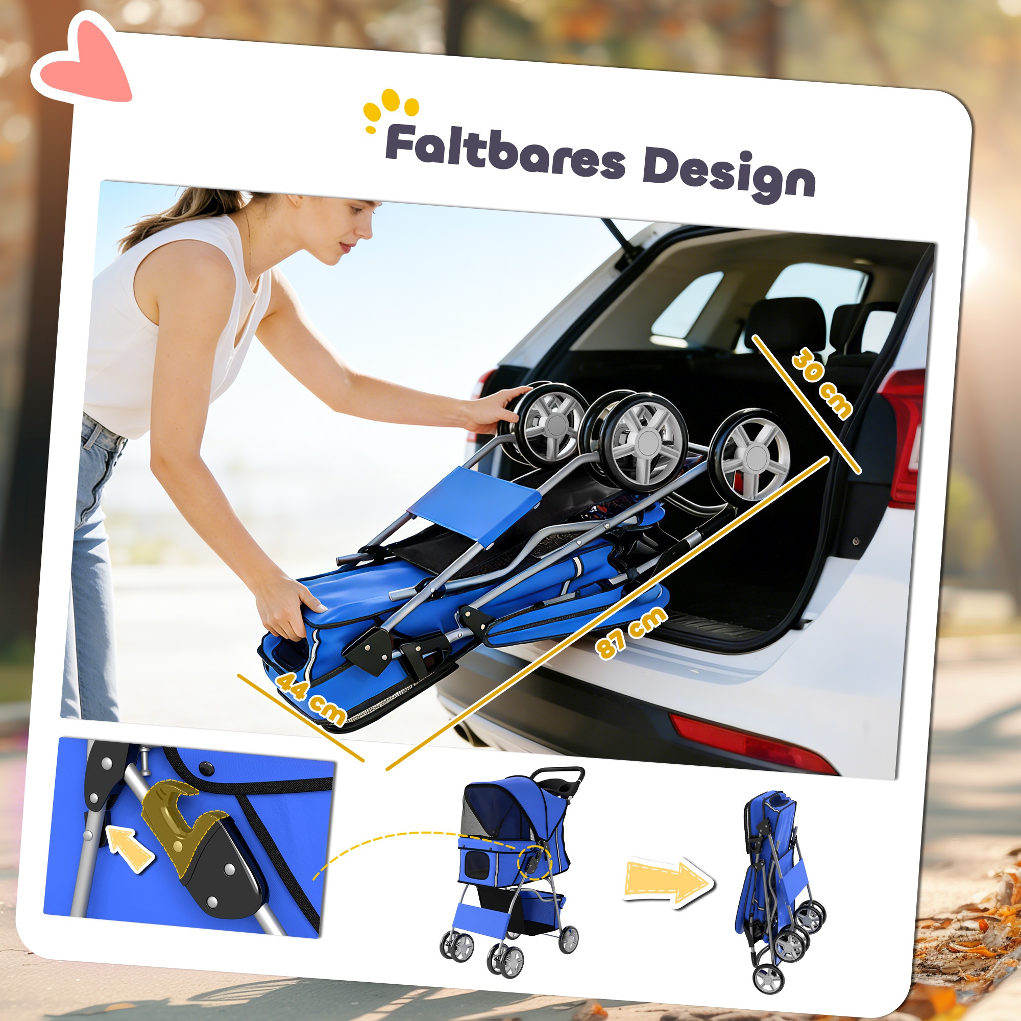 Hundewagen Hundebuggy Faltbar Katzenwagen bis 10kg mit Regenschutz Reflektorstreifen Aufbewahrungskorb 77x44x102cm Blau