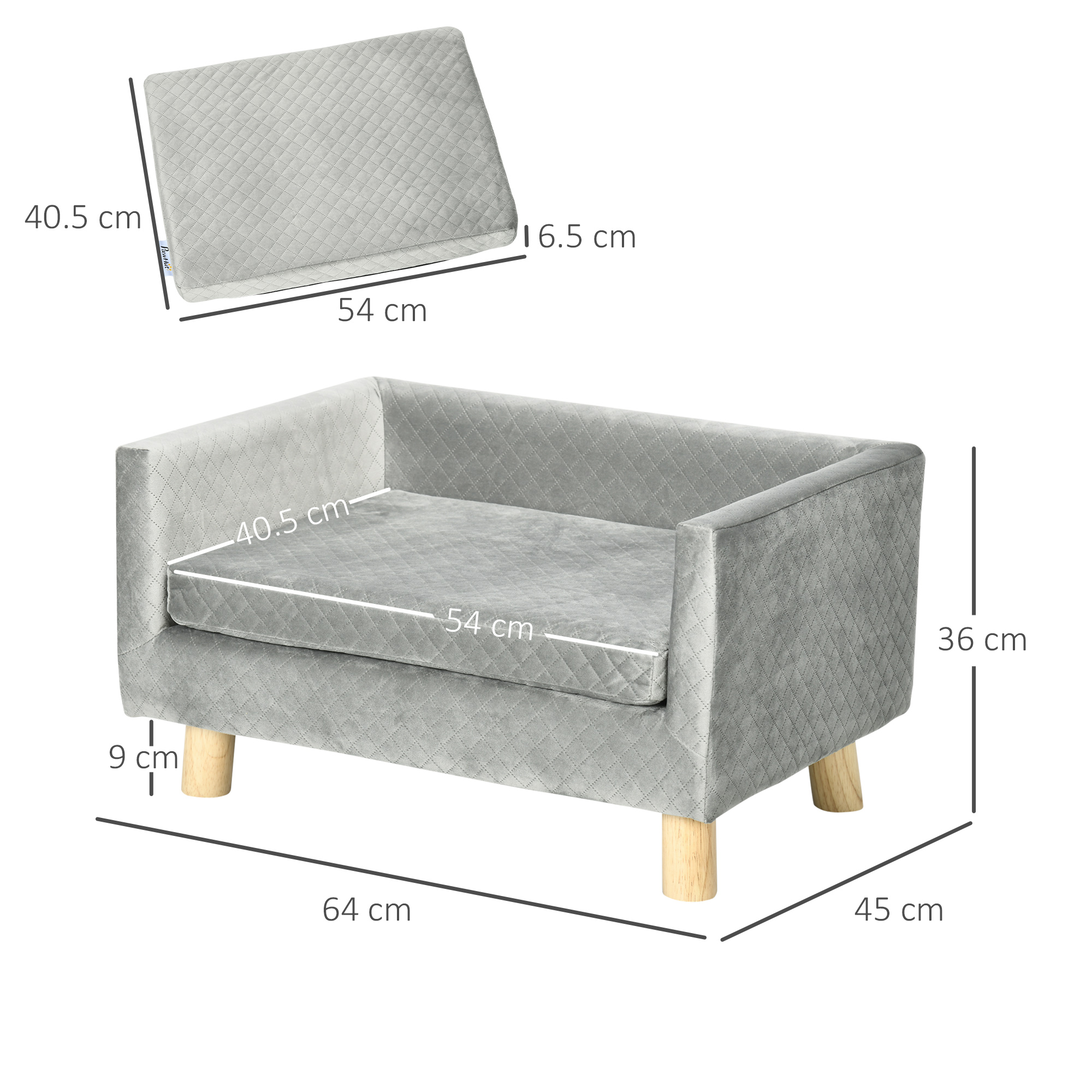 Hundesofa mit Holzbeinen Hundebett Haustiersofa Hundematte für kleine Hunde bis zu 8 kg Samt-Touch Grau 64 x 45 x 36 cm