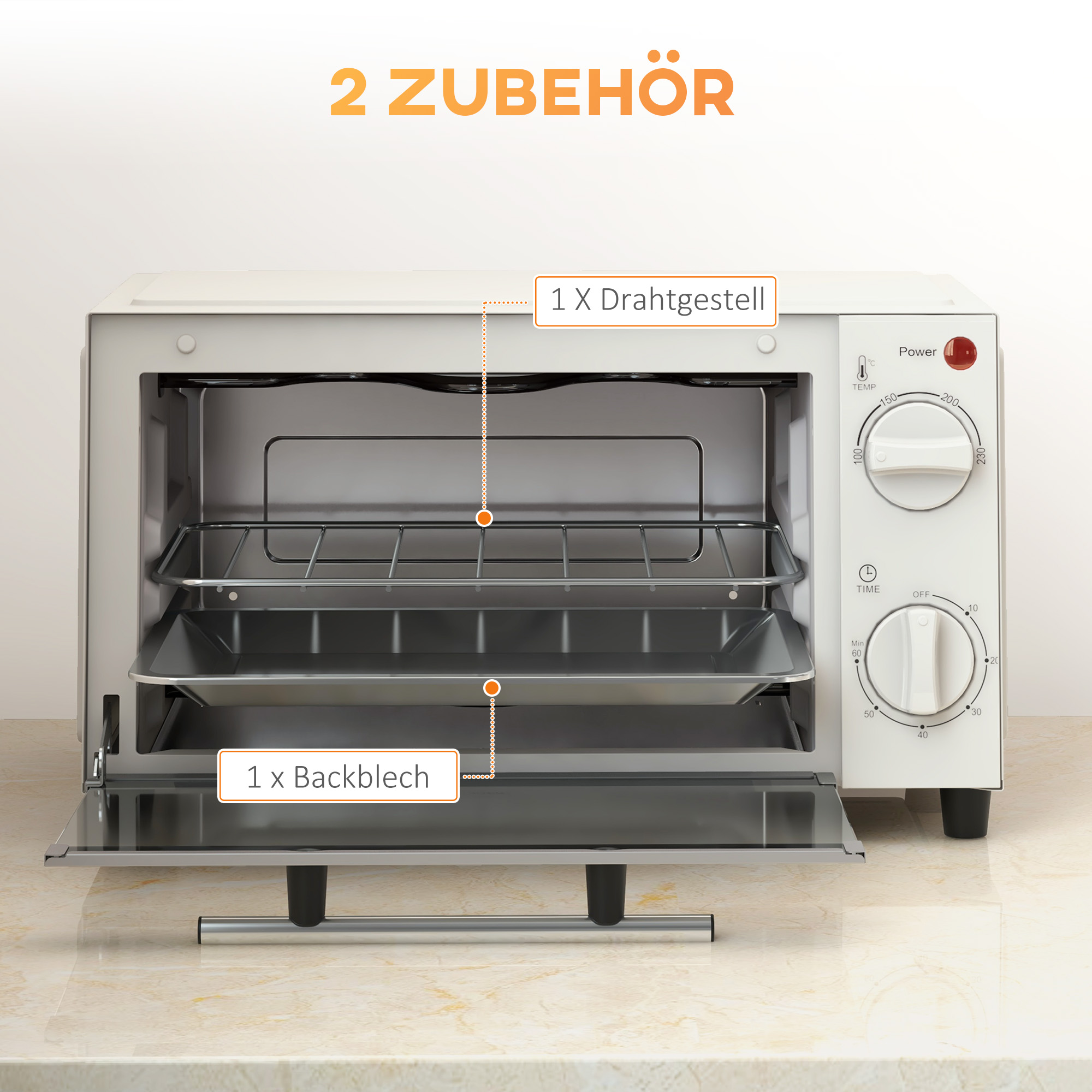 Minibackofen, 9 L Mini-Ofen mit Backblech, Grillrost, mit einstellbarer Temperatur und Garzeit, Edelstahl, Cremeweiß