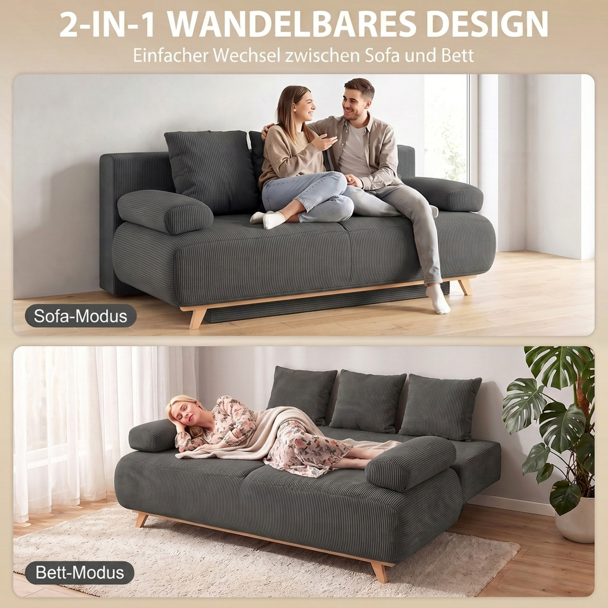 Schlafsofa mit verstellbarer Rückenlehne, Bettfunktion, verstecktem Stauraum und Cordbezug, Grau