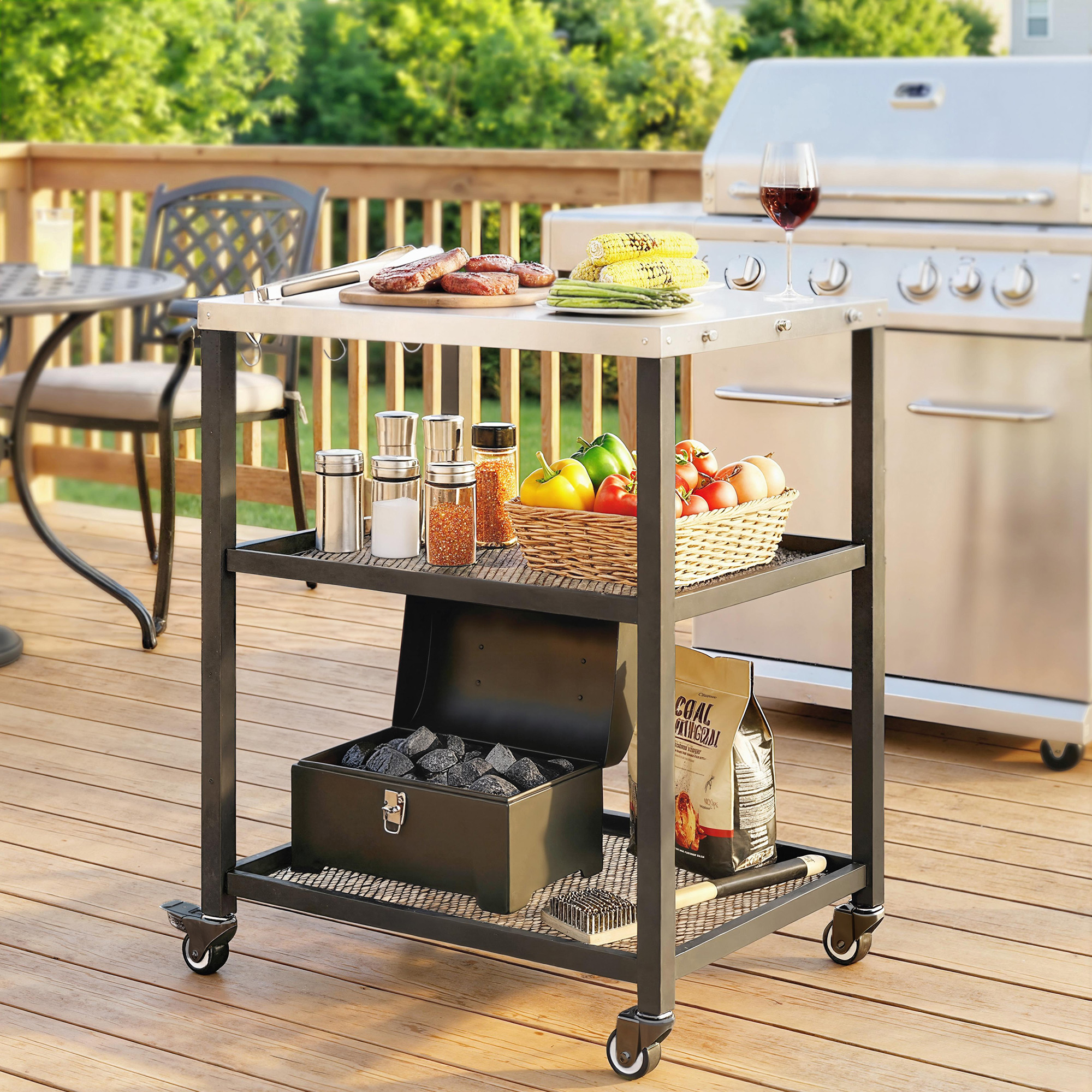Grillwagen 3-Etagen Servierwagen mit Arbeitsfläche verstellbar Ablagen Haken Räder 77 x 51 x 80 cm Schwarz