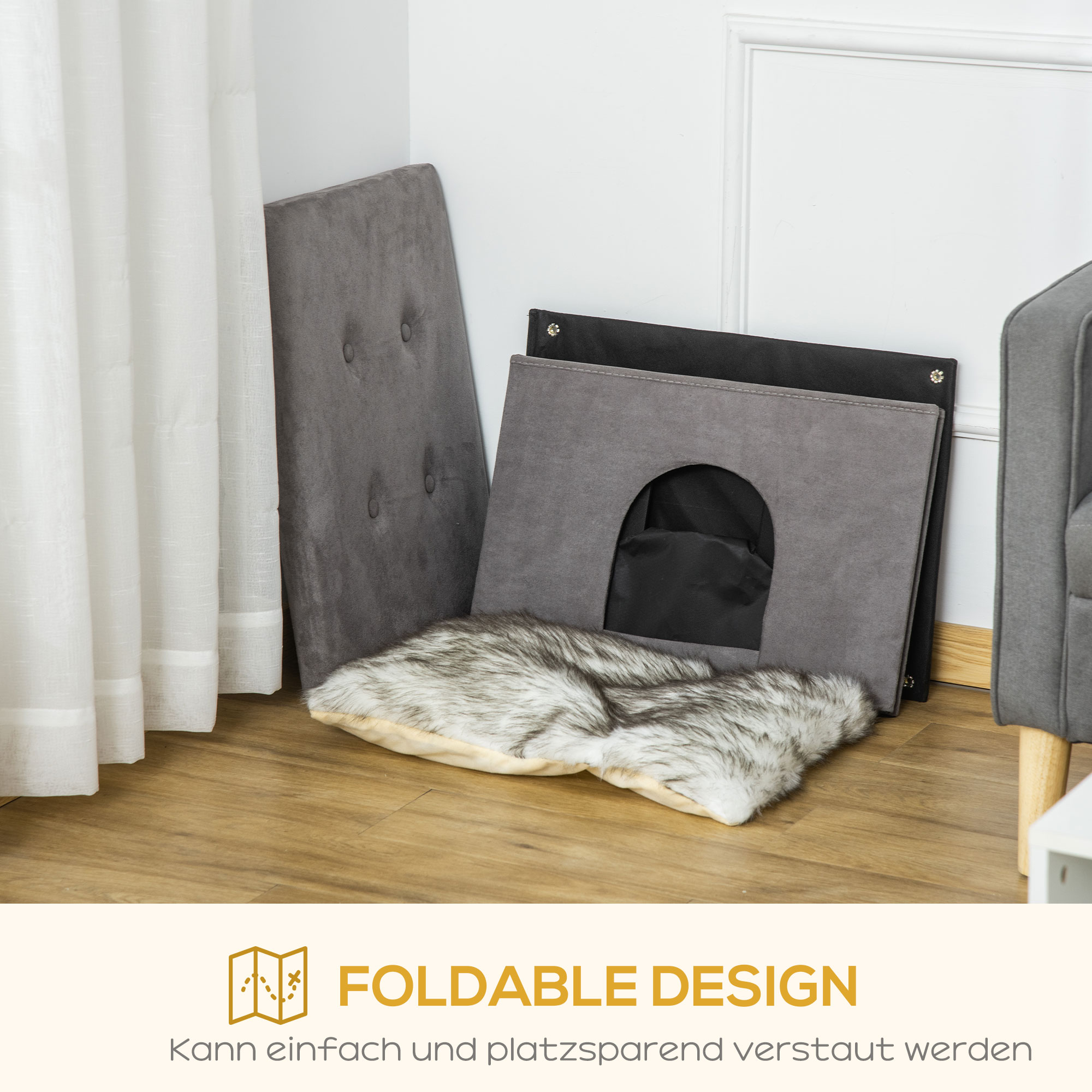 2-IN-1 Katzenhöhle Fußhocker mit Kissen Holzbeine Katzenhaus Katzenkorb weich gepolstert Ottomane elegantes Design abnehmbar MDF Plüsch Grau 60 x 45 x 44,5 cm