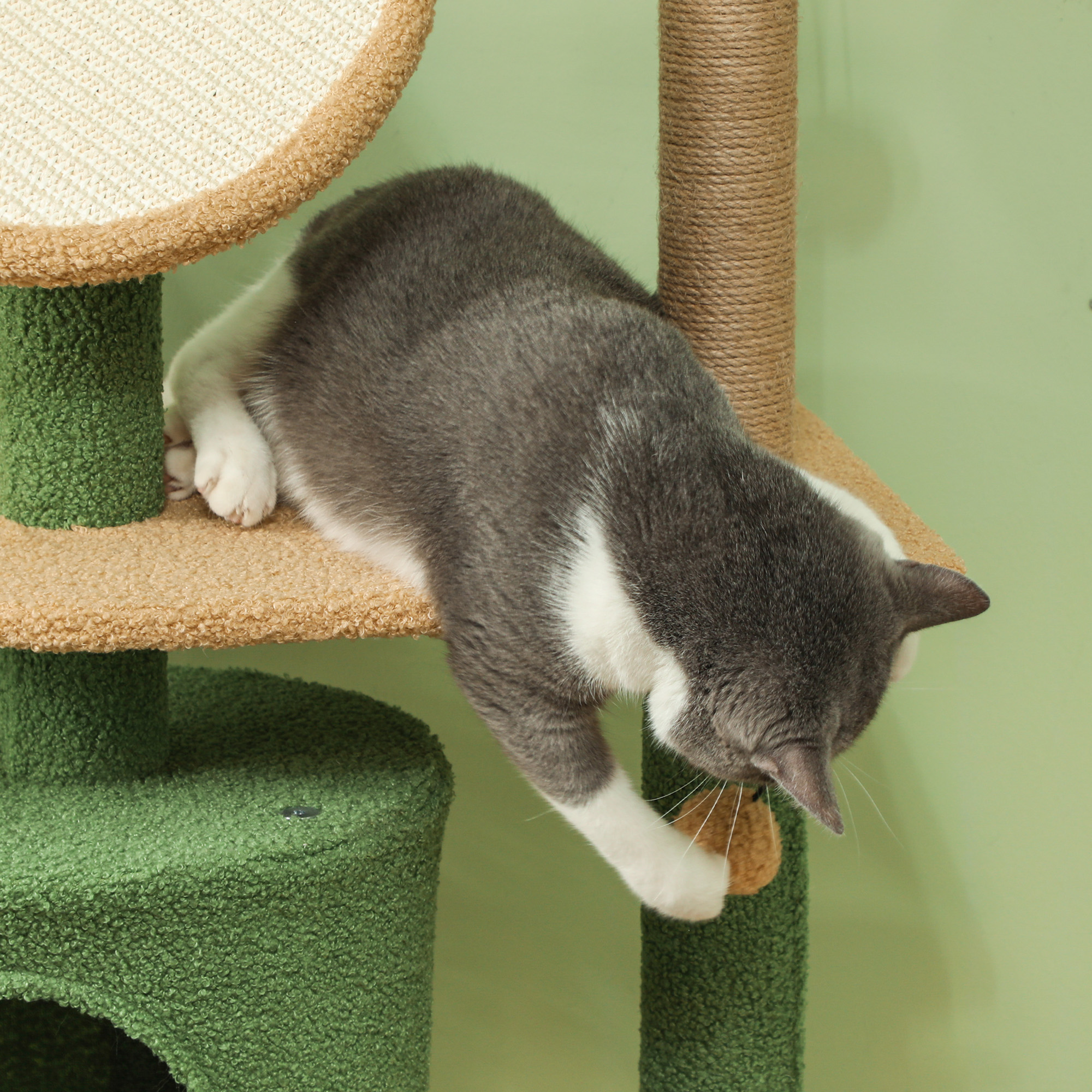 Kratzbaum, 139 cm Katzenbaum mit Höhle, Spielbällen, Sisal-Kratzpfosten und Plattformen, für zwei Katzen, Grün