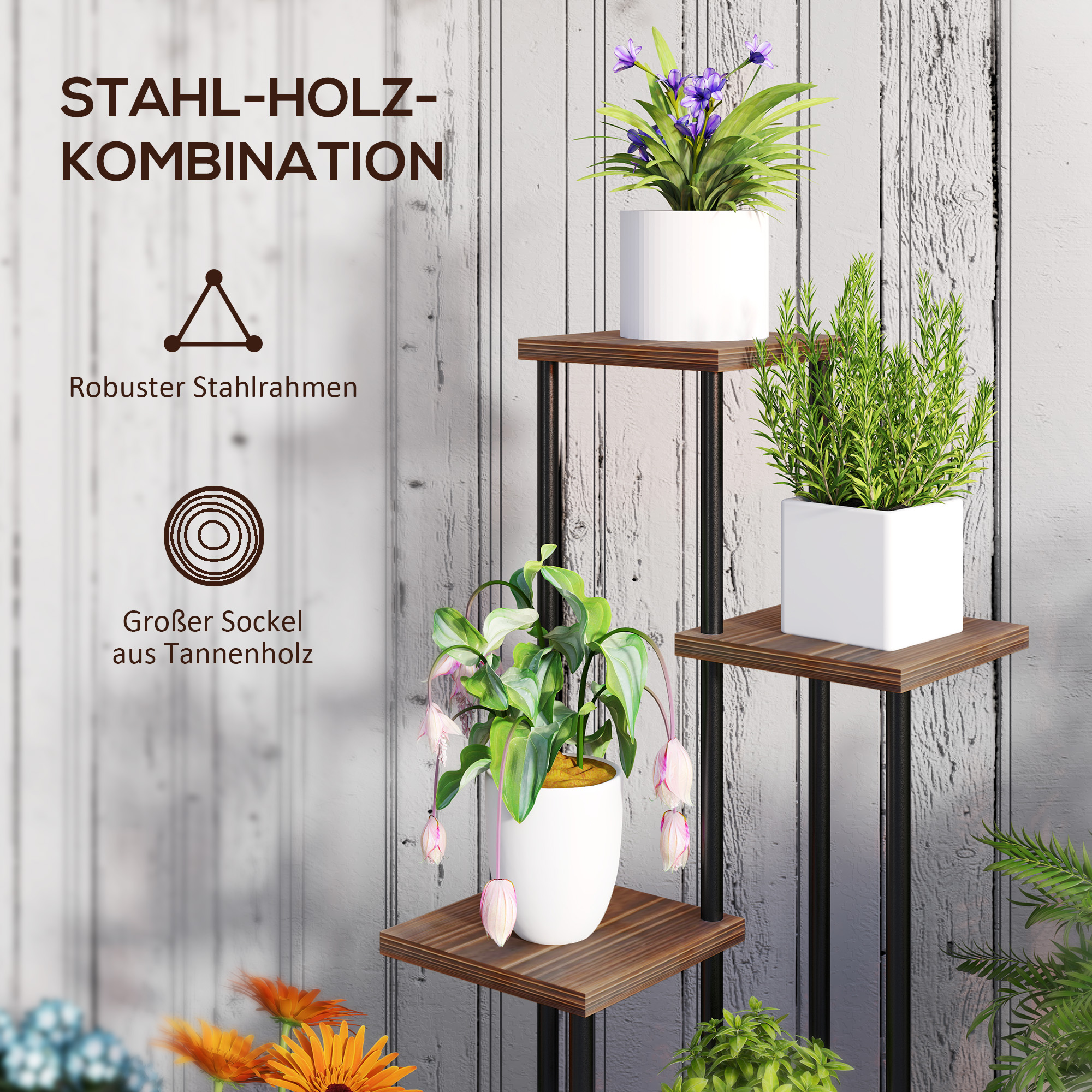 Blumenständer mit 5 Ebenen, 5-stufiger Pflanzenständer, versetztes Design, leicht zu verschieben, Holz, Stahl