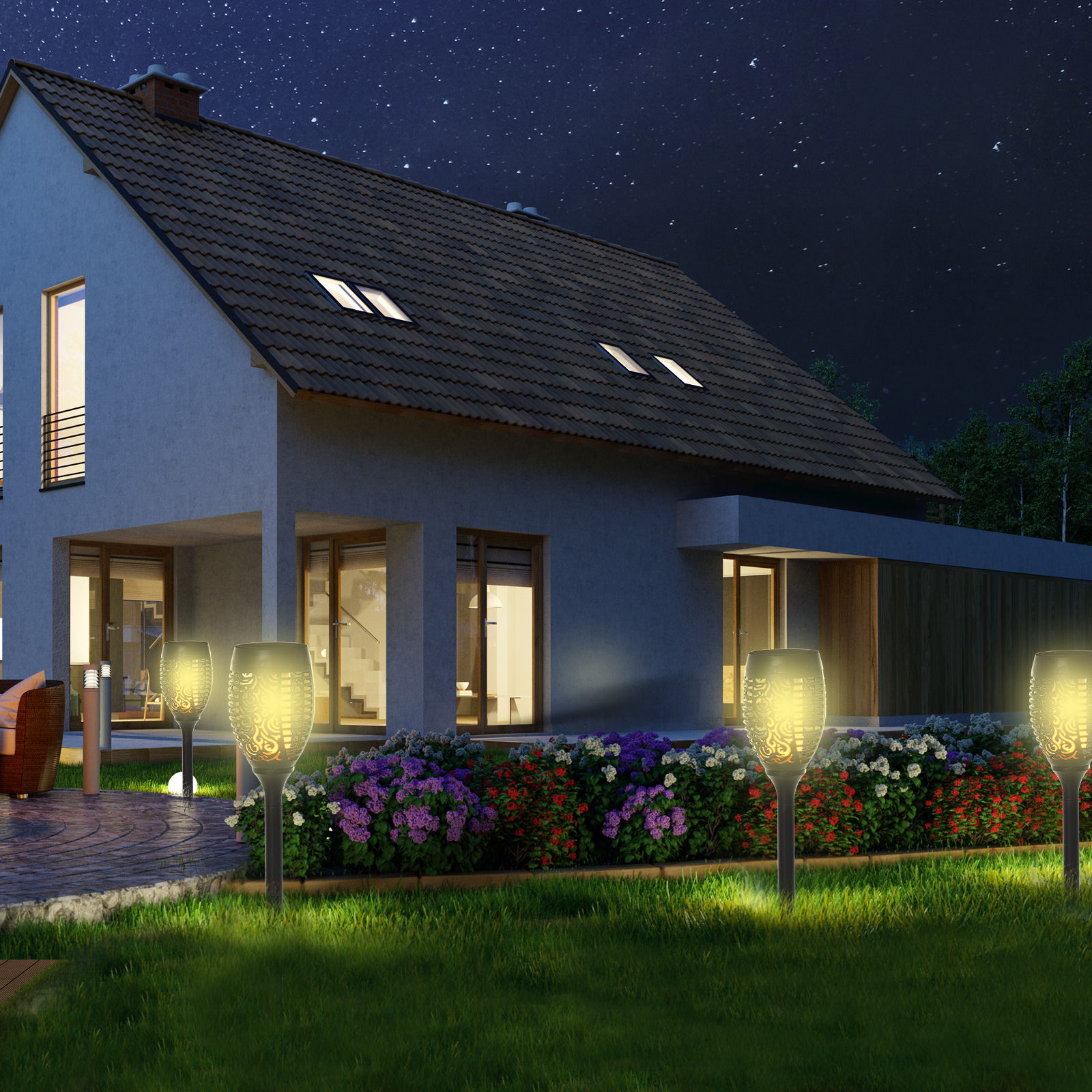 Gartenbeleuchtung 4 Stück Solar LED Warmweiß Gartenstrahler mit Erdspieß Stecker IP44 Wasserdichter Gartenleuchte Solar Gartenlampe für Draußen Garten Rasen, Hof