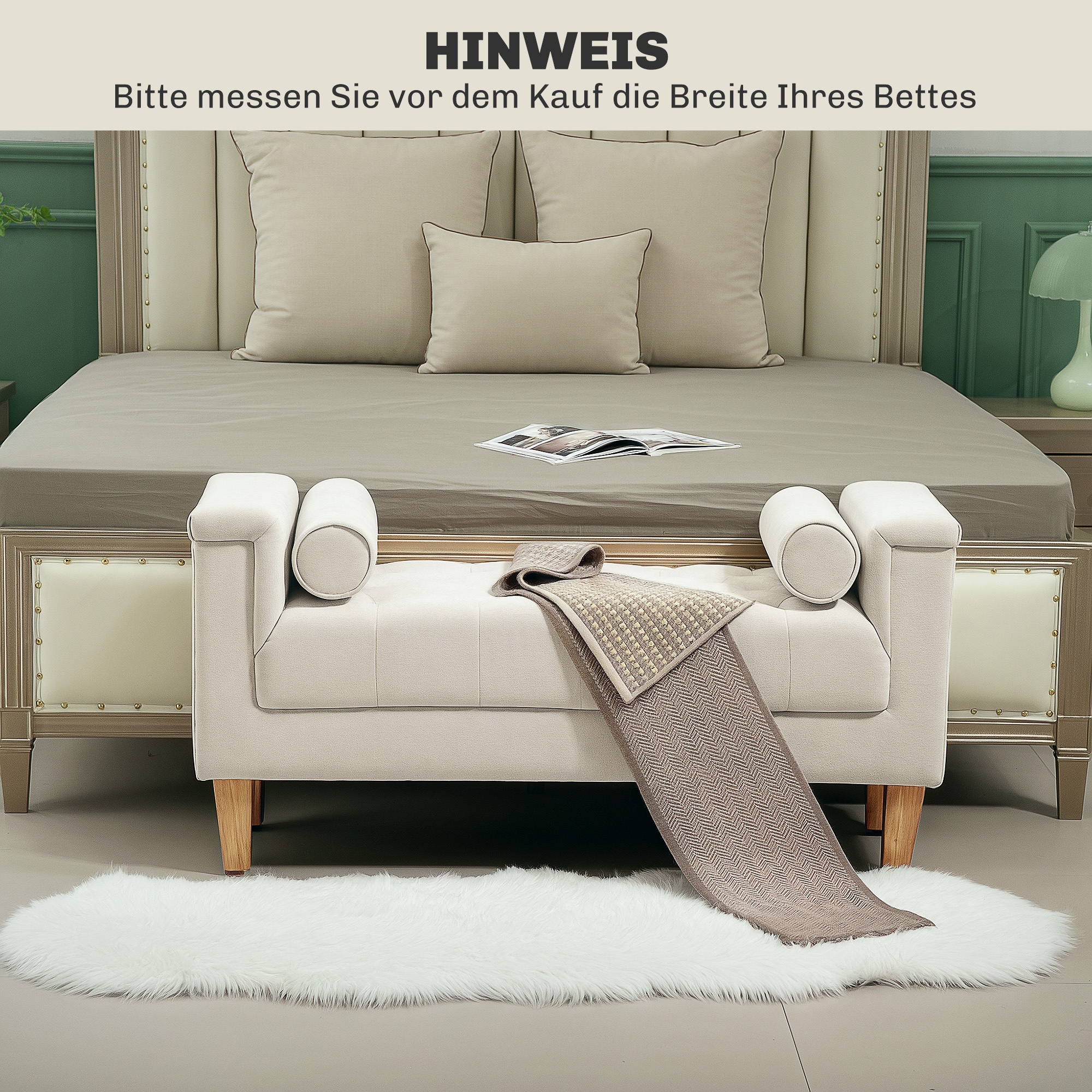 Polsterbank, Vintage-Design, 2 Kissen, Chenillebezug, 115 x 44 x 58 cm, Beige