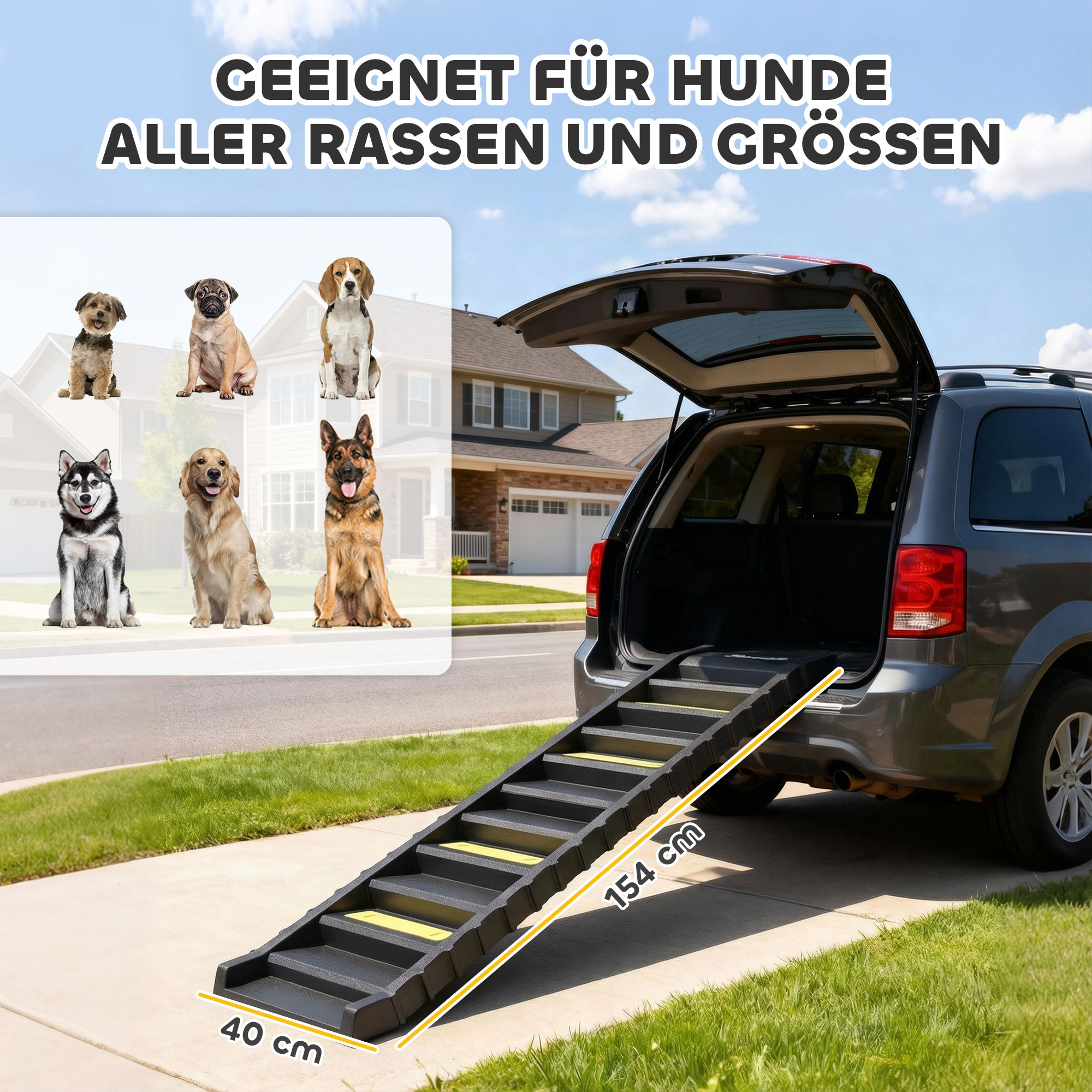 Hunderampe klappbar Hundetreppe Auto & SUV rutschfest Hundeautorampe für Große & Kleine Tiere bis 68 kg 154x40cm Schwarz
