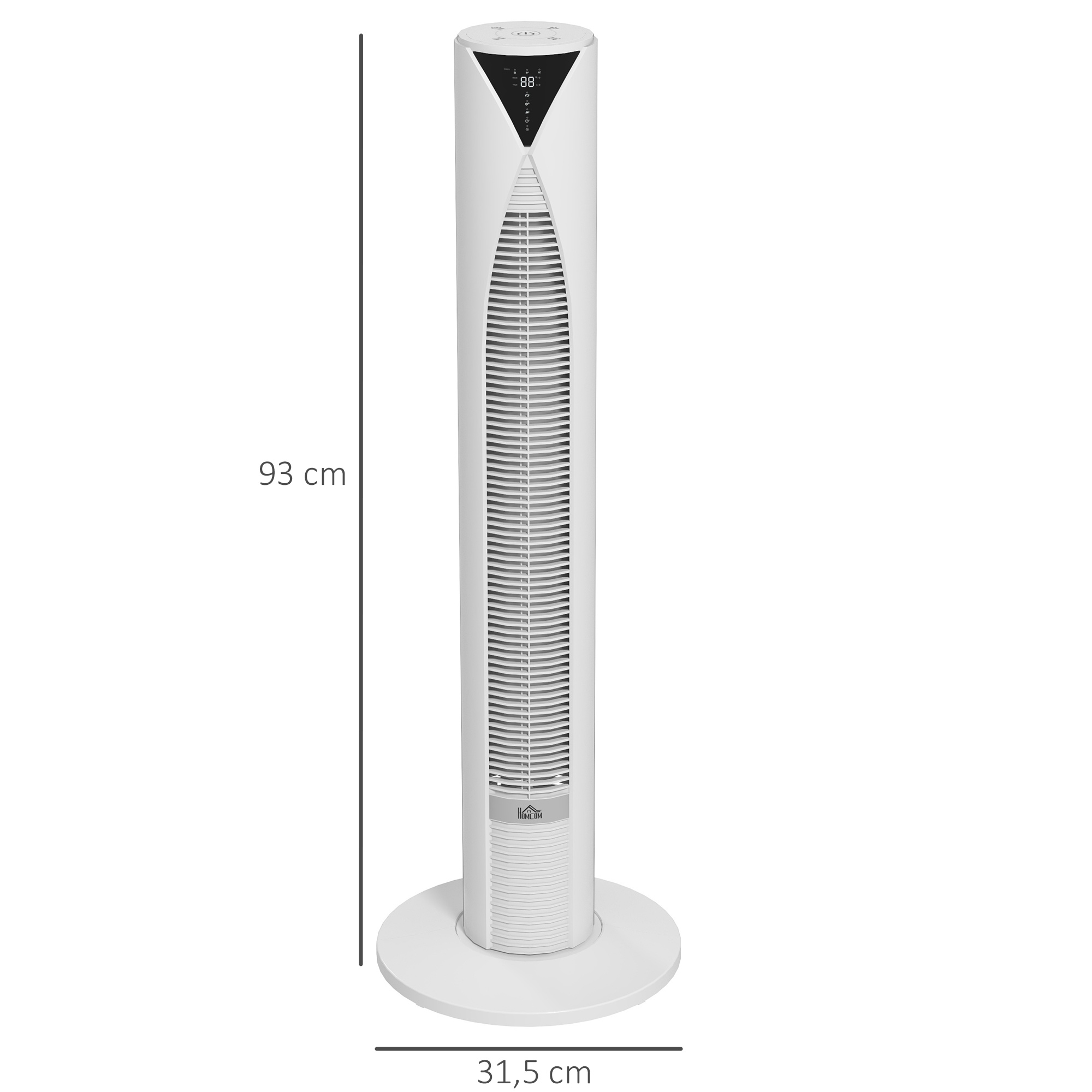 70° oszillierender Turmventilator mit Fernbedienung 4 Modi 3 Geschwindigkeiten Timer 31,5 x 31,5 x 96 cm Weiß