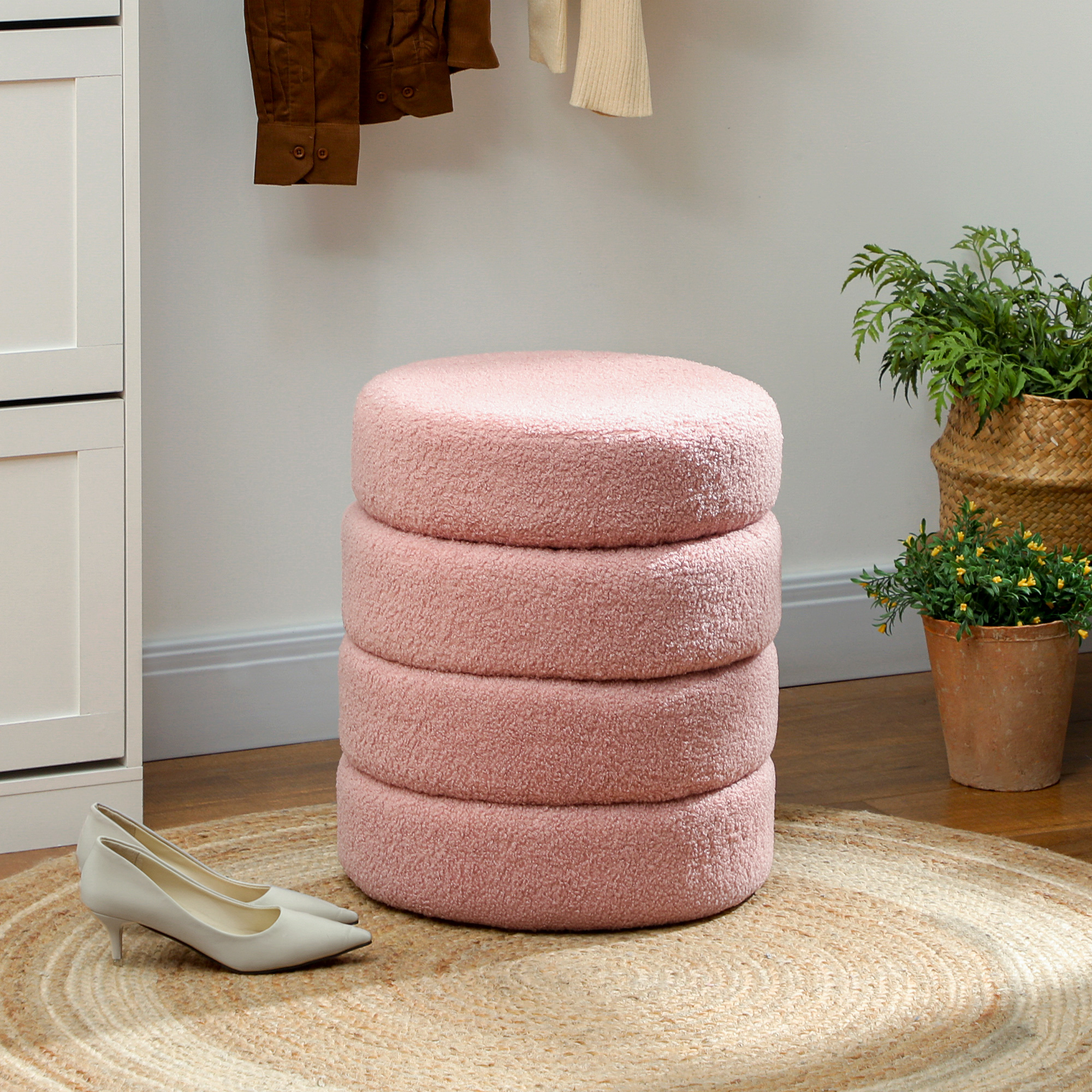 Hocker, rund, Teddyfleece, bis 120kg, Φ40x45H cm, Rosa