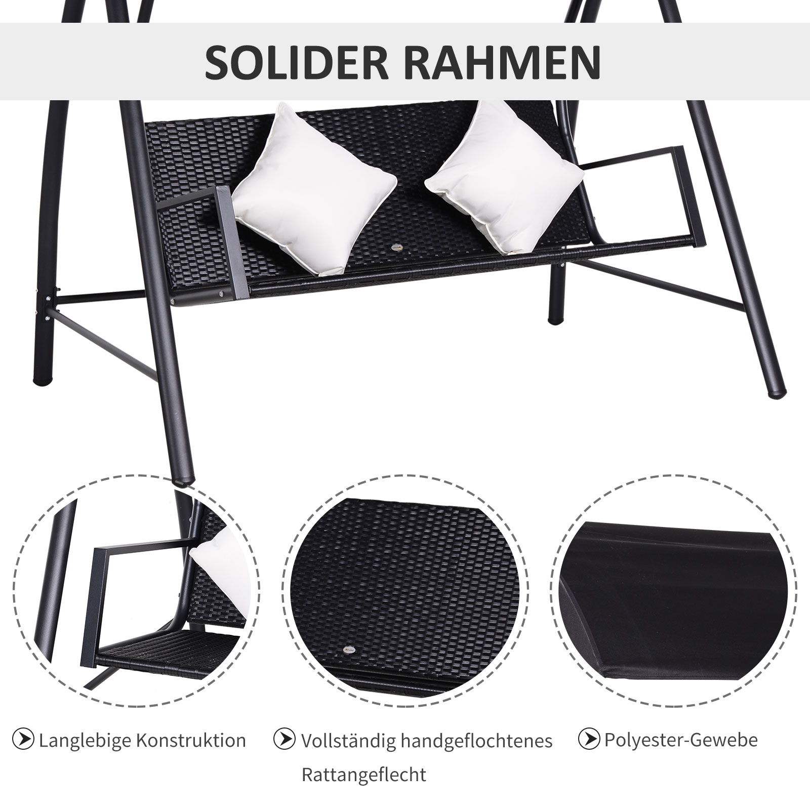 3-Sitzer Hollywoodschaukel Schaukel Polyrattan Metall mit Kissen belastbar bis 360kg Neu (Schwarz)
