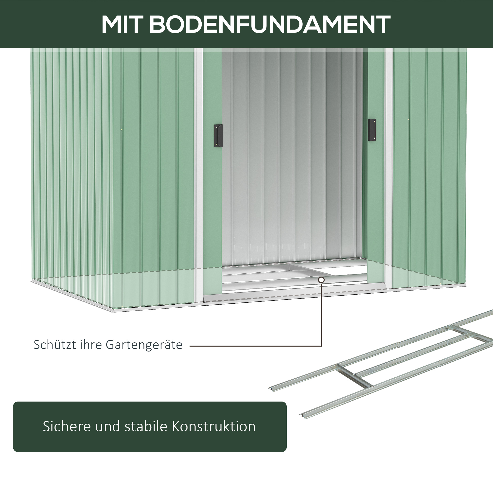Gartenschuppen, 2 Schiebetüren, Lüftungsfenster, Bodenrahmen, rostfrei, Stahl, hellgrün, 2,13 x 1,30 x 1,85 m