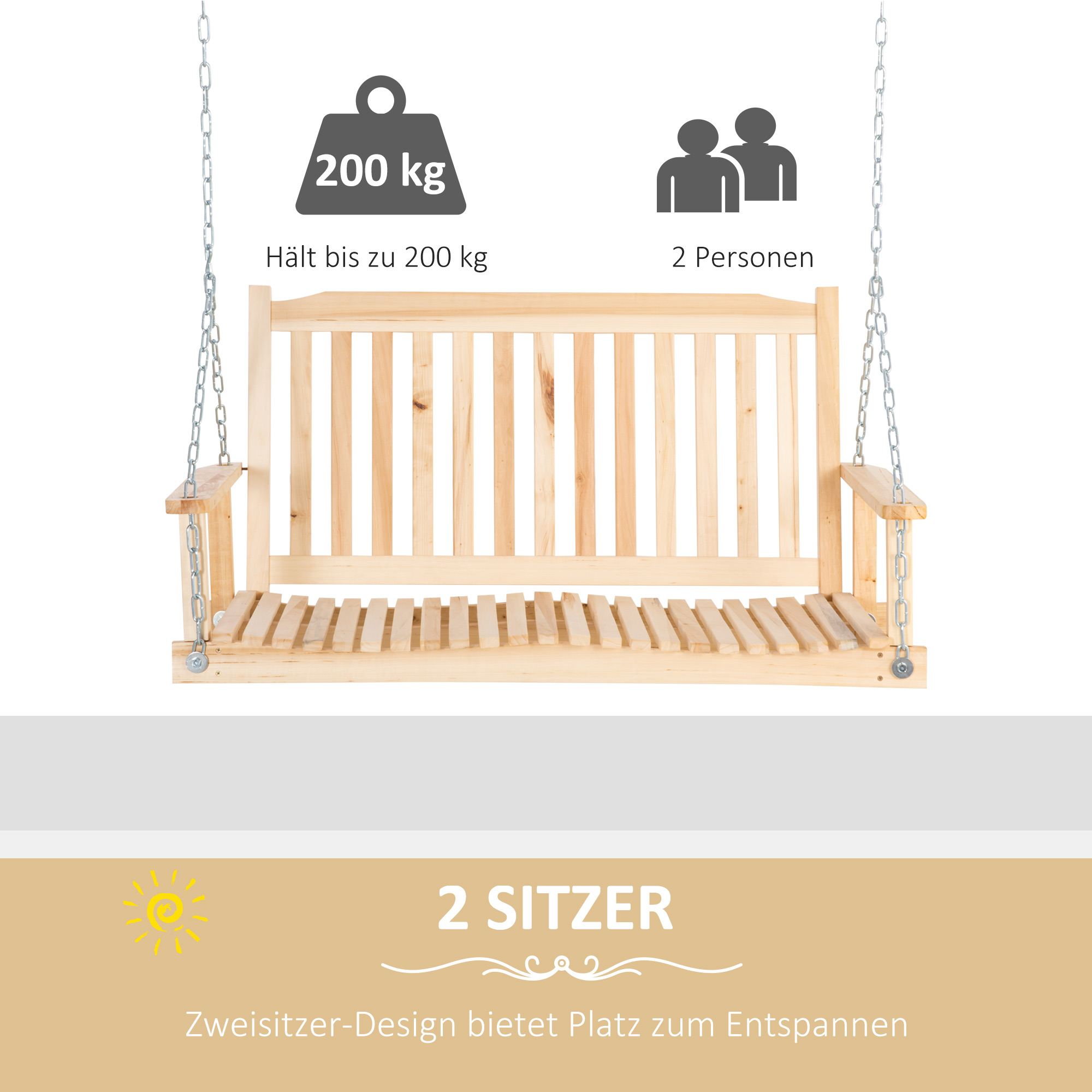Gartenschaukel für 2 Personen Schaukelbank Hängebank Massivholz Patio Terrasse Hinterhof Natur 117 x 69 x 60 cm