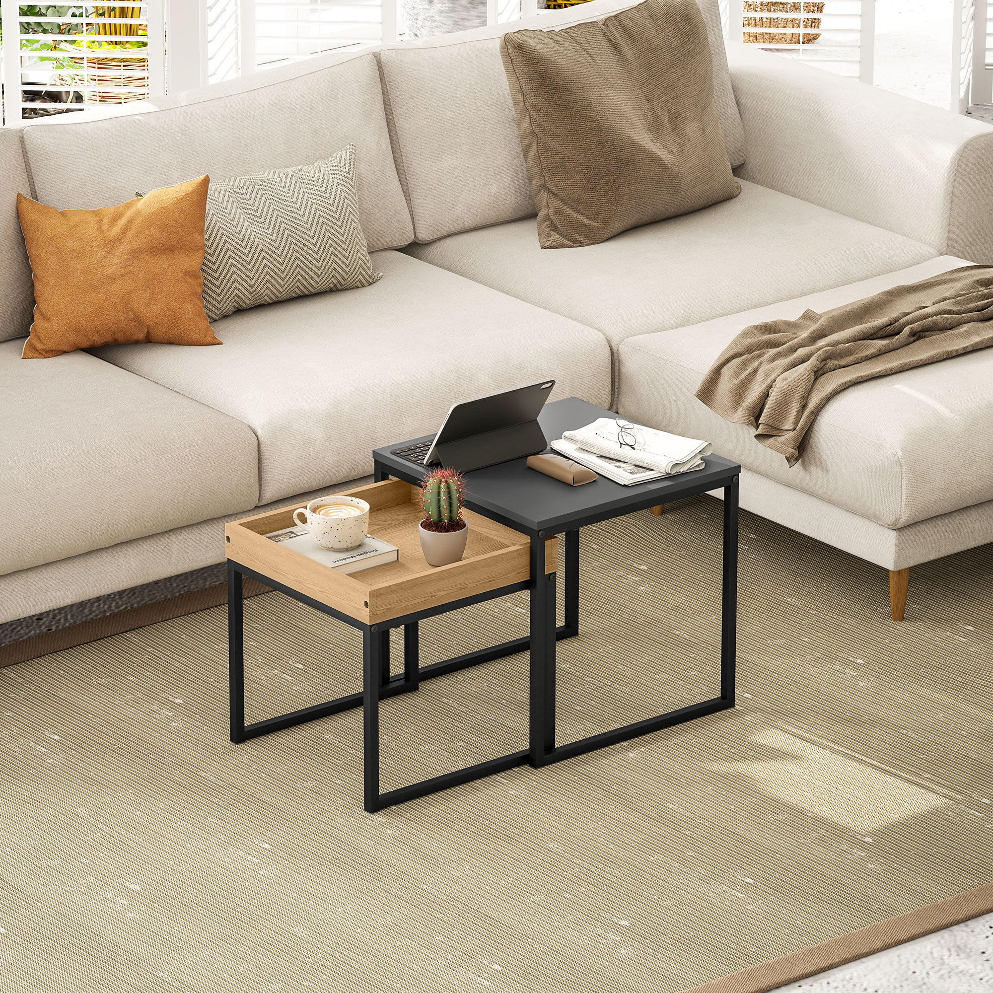 moderner Couchtisch, 2er-Set Sofatisch, für kleine Räume, Quadratisch, MDF, Metall, Schwarz