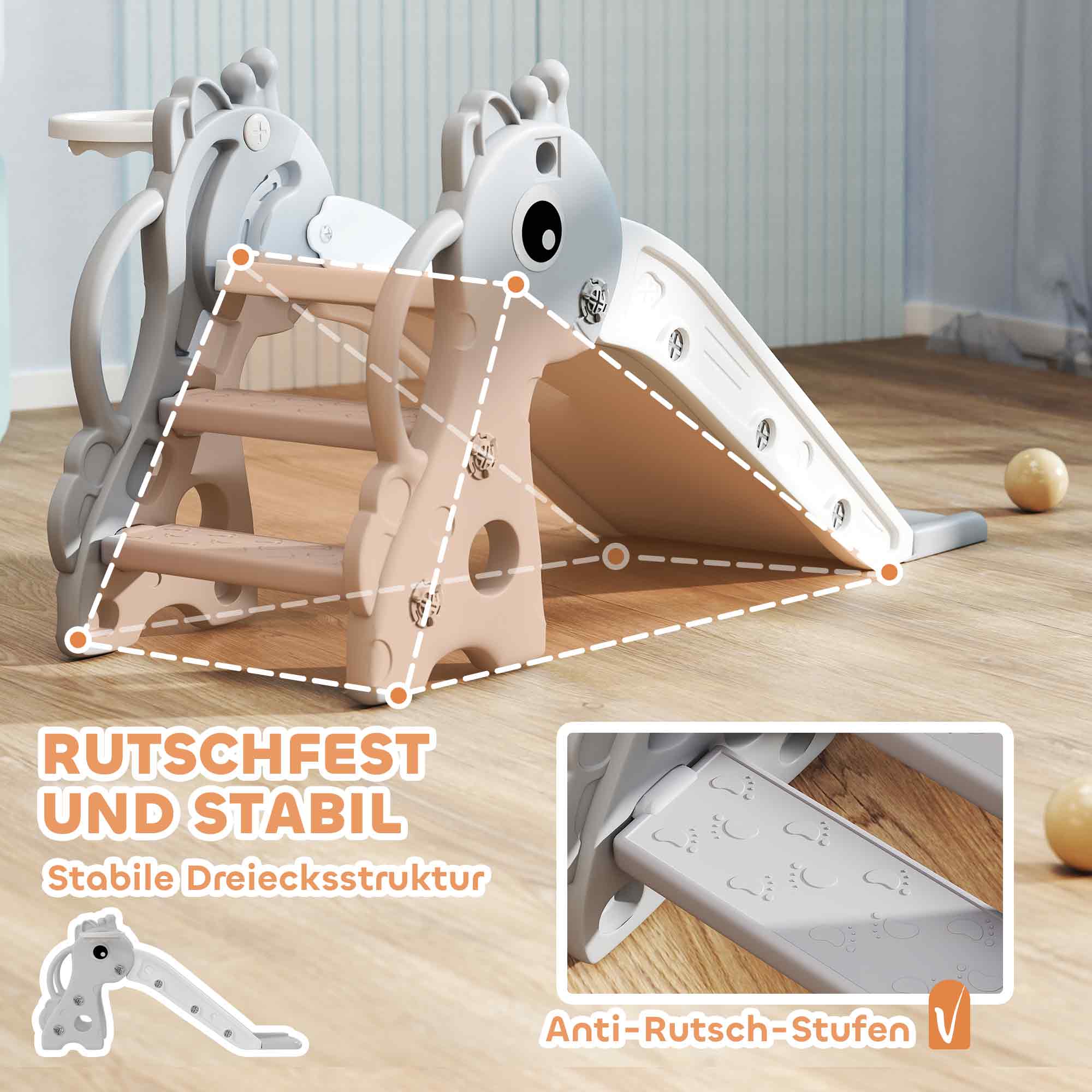 3-in-1 Rutsche für Kinder, Giraffenform, Basketballkorb, Ball, Grau