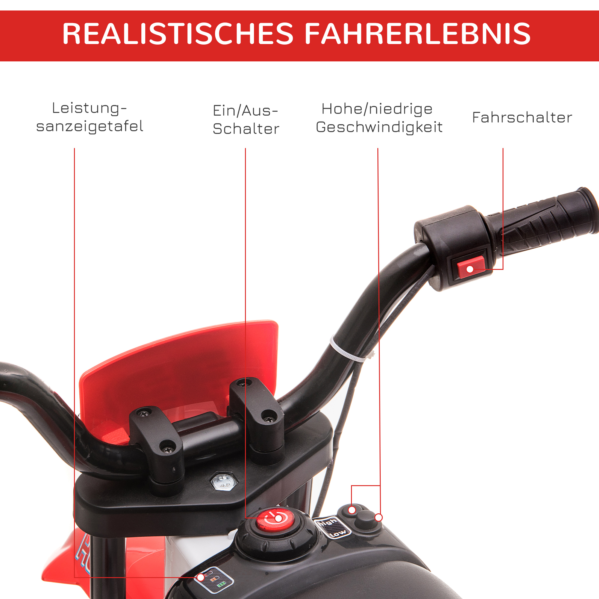Kindermotorrad, Elektromotorrad, 45 Min Fahrzeit, mit Stützrädern, ab 3 Jahren, rot+weiß, 106,5 x 51,5 x 68cm