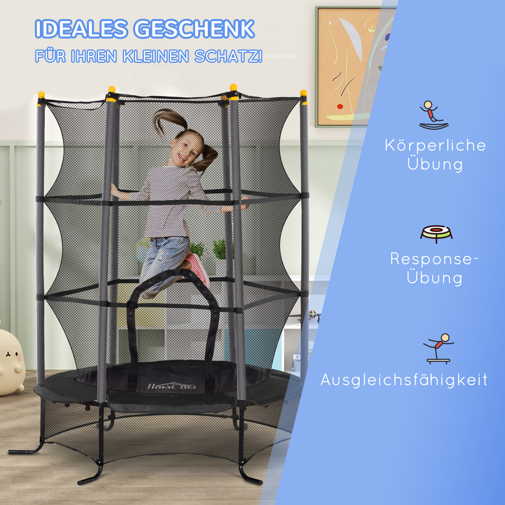 Trampolin für Kinder, Ø163 cm, mit Sicherheitsnetz, In- und Outdoor, Belastung bis 50 kg, Stahl, Kunststoff, Schwarz