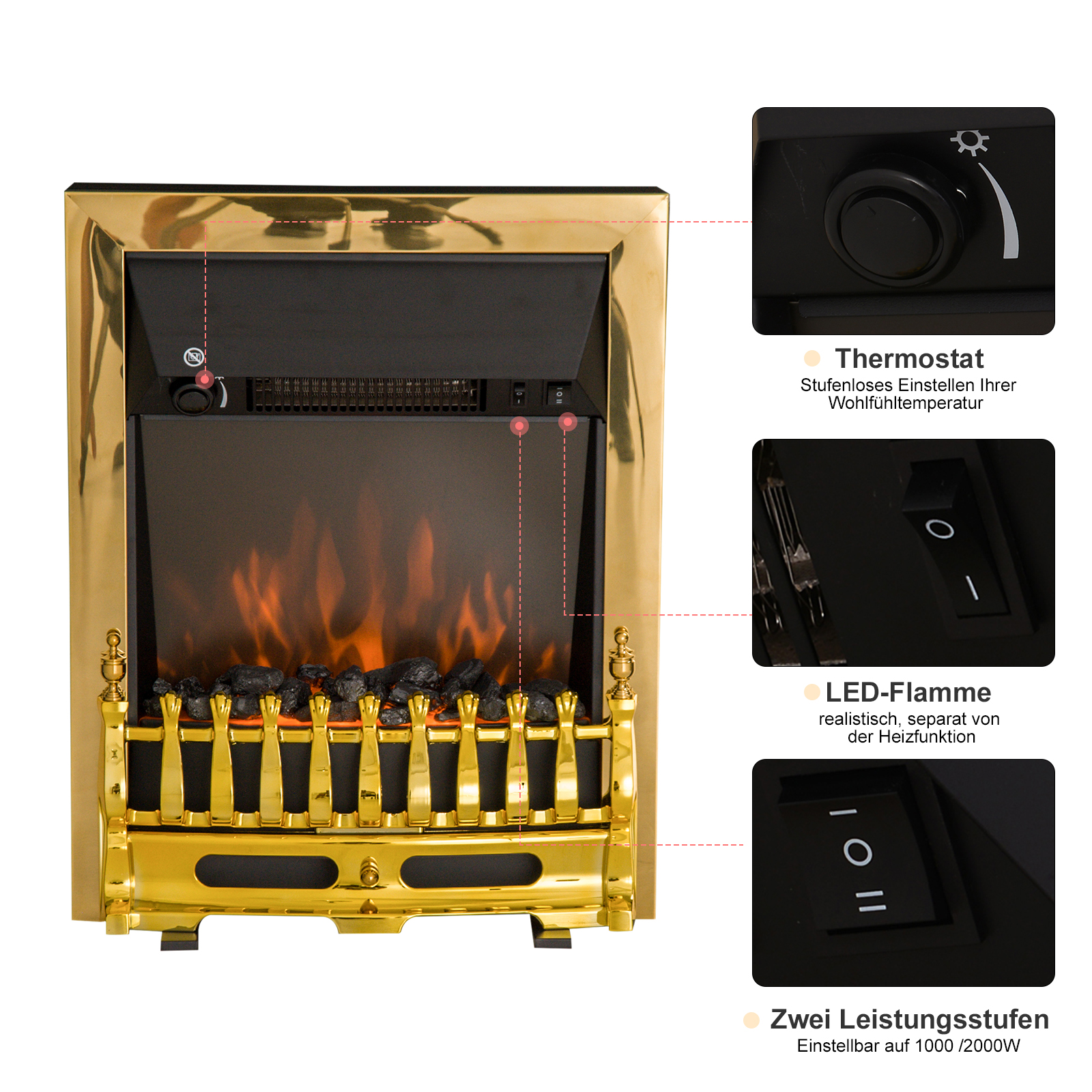 Elektrokamin mit Heizung, elektrischer Kamin mit LED Flammeneffekt, 1000/2000W Dekokamin, elektrisch Kaminfeuer Kaminofen, Gold