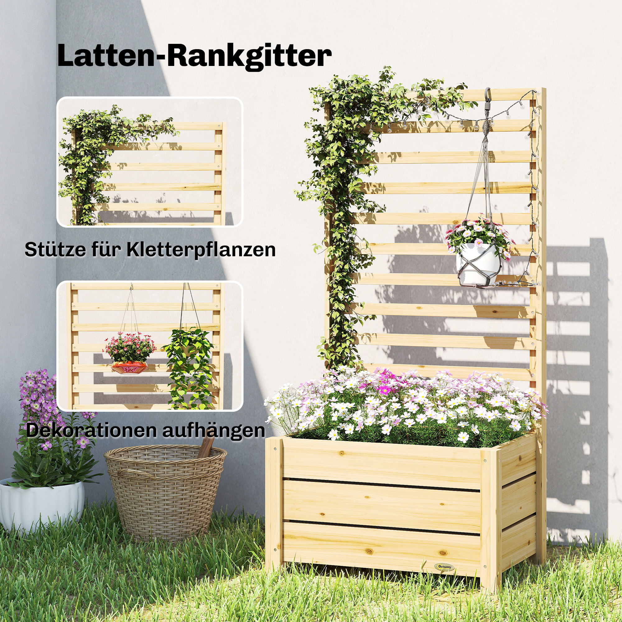 Hochbeet mit Rankgitter Holz erhöhter Blumenkasten mit Spalier Abflussloch Vliesstoff 60 x 39 x 120 cm Naturholz