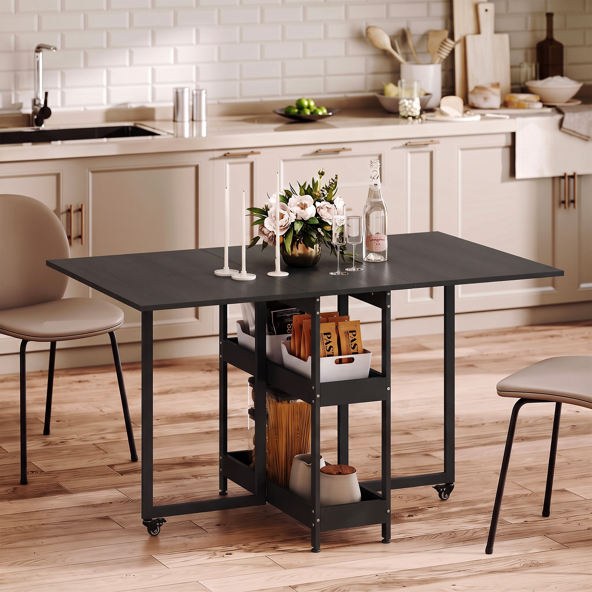 klappbarer Esstisch im Industriedesign, für bis zu 4 Personen, offene Regale, flexibel, Metall, Spanplatte, Schwarz