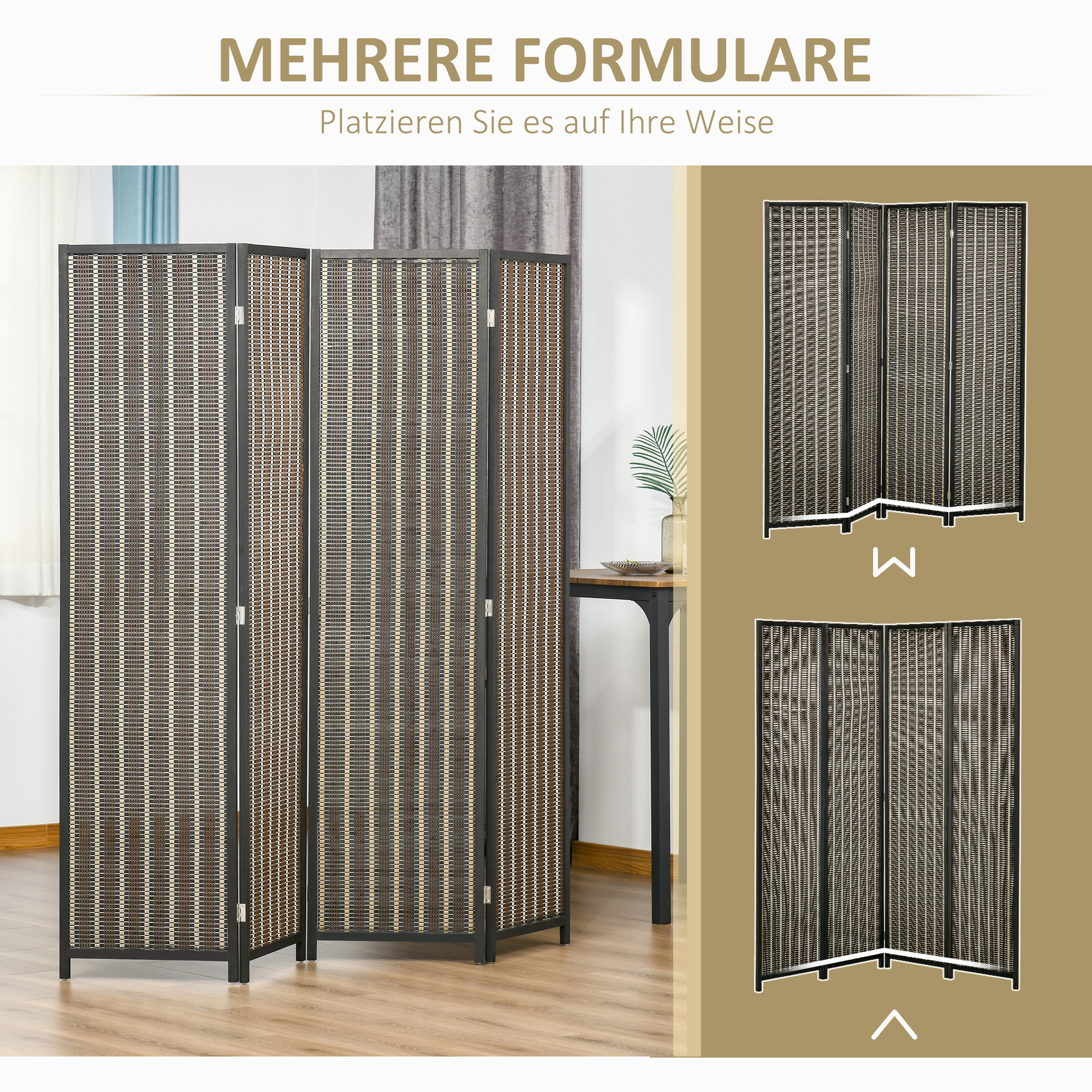 Raumteiler, faltbar, Kiefernholz/Bambus, 180 x 180 cm, Braun/Schwarz
