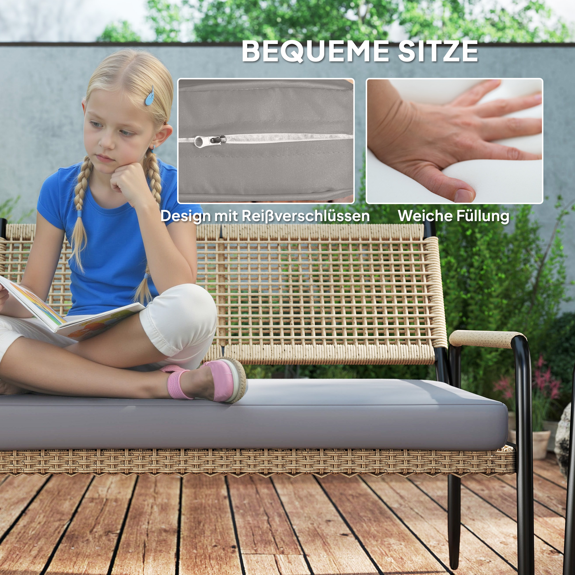 Gartenmöbel Set aus Polyrattan Lounge-Set mit 2er Sofa Sessel Glastisch Kissen für 4 Personen Dunkelgrau+Gelb