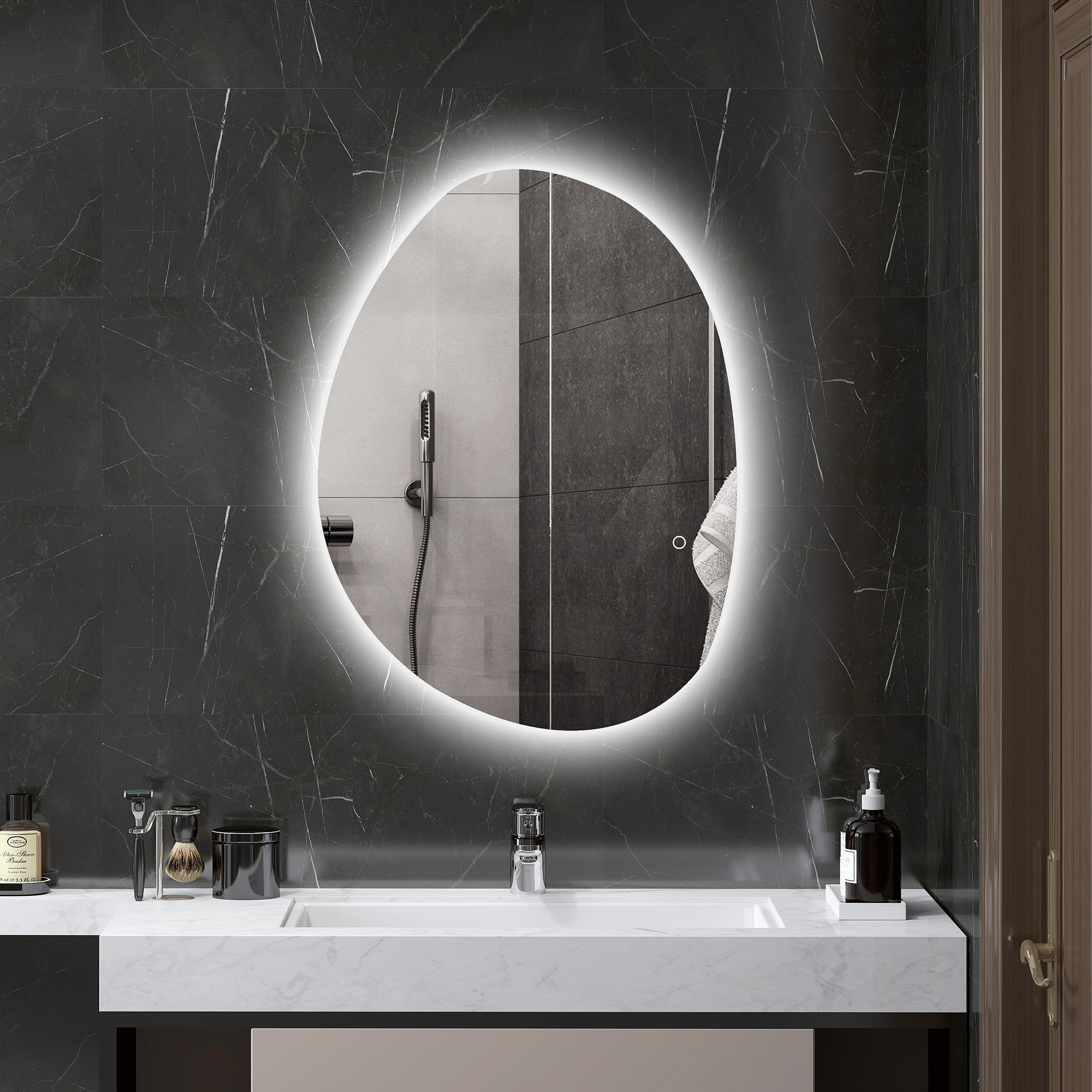Badezimmerspiegel mit LED-Beleuchtung und einstellbarer Farbe und Temperatur, aus gehärtetem Glas, 80x5x60 cm, Silber