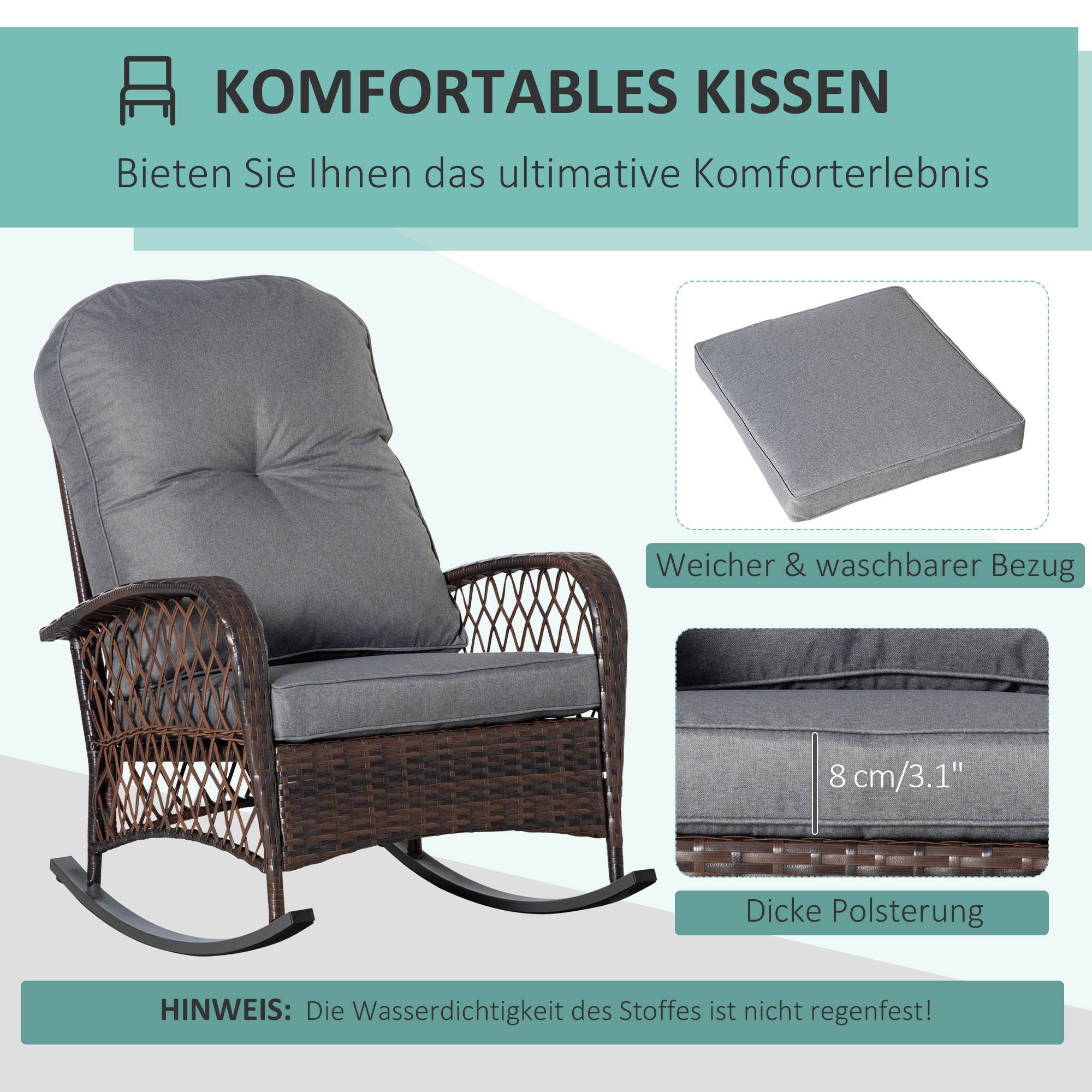 Schaukelstuhl Polster mit Knopfheftung PE-Rattan Stahl Braun + Grau