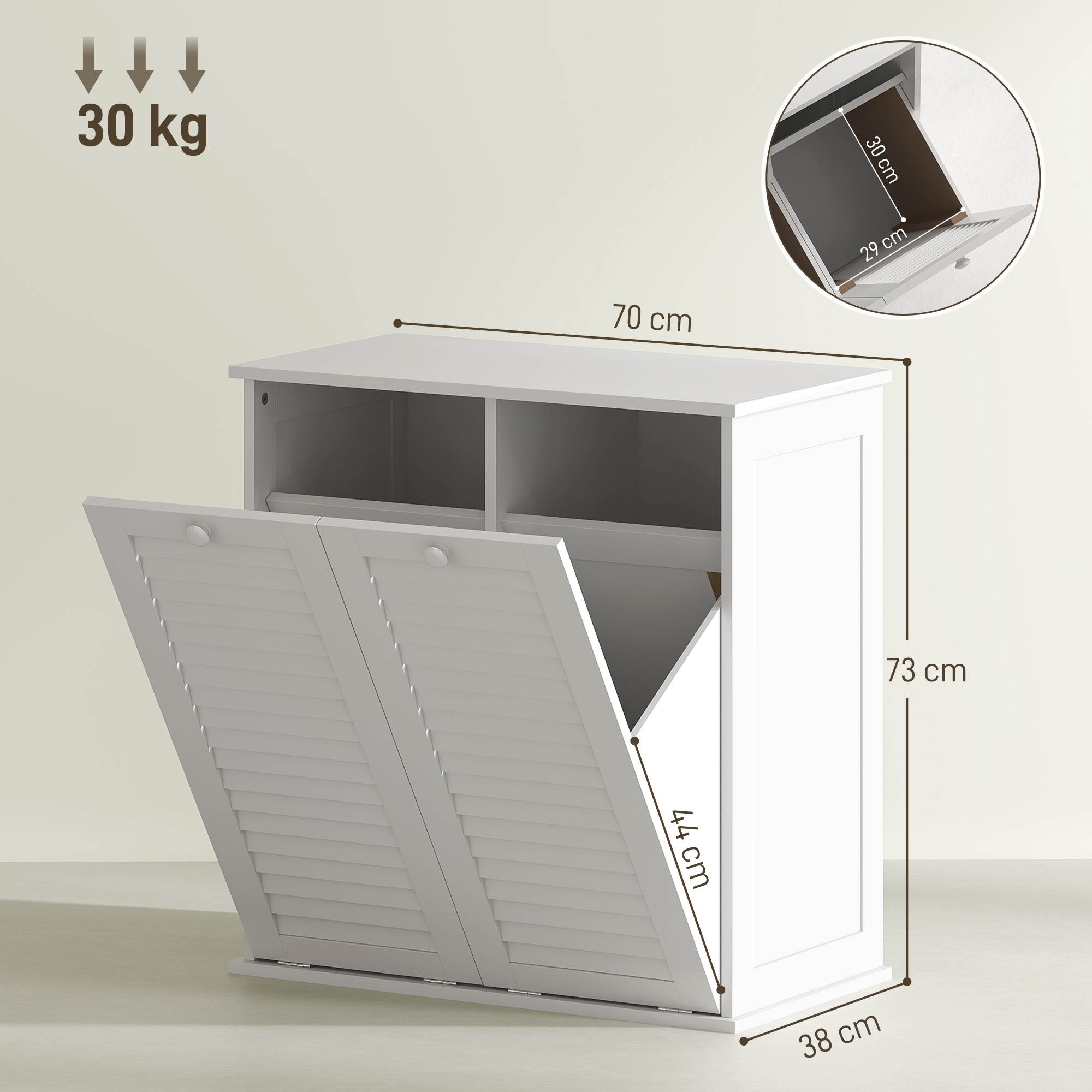 Wäscheschrank, 2 Kippbehälter für Wäsche, 2 Lamellentüren, 70 x 38 x 73 cm, Weiß