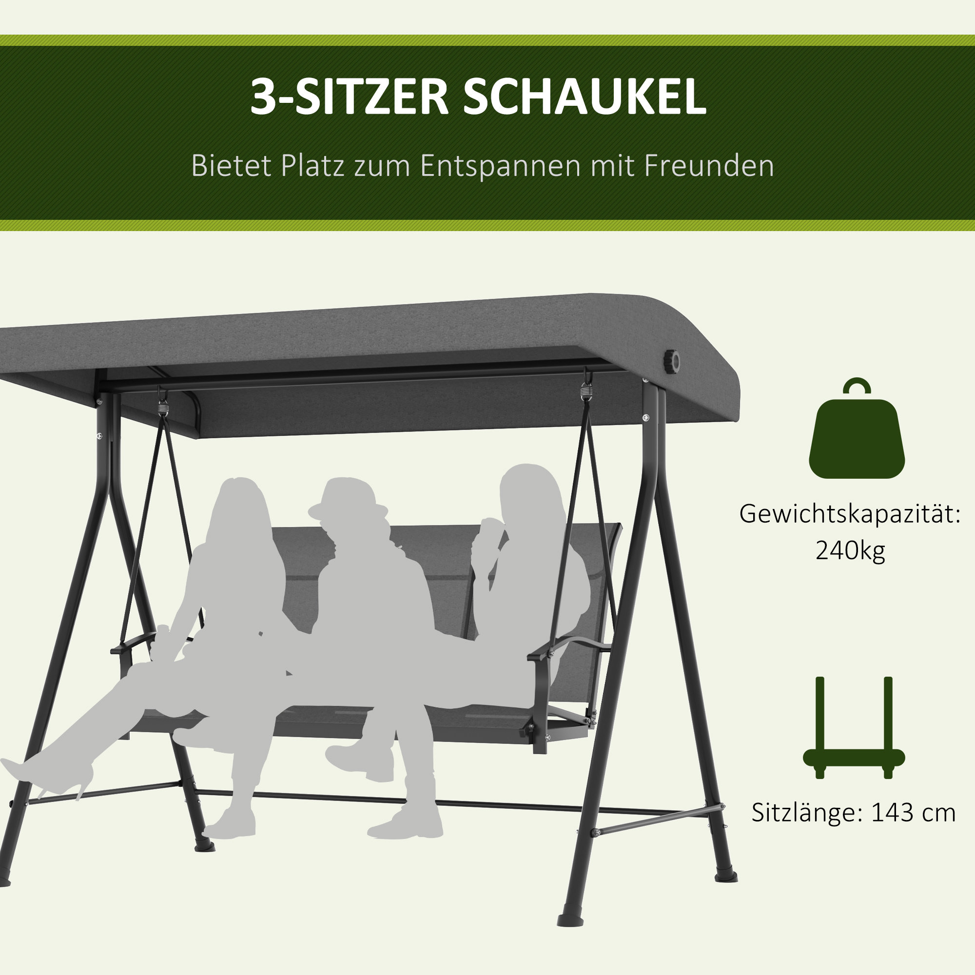 3-Sitzer Hollywoodschaukel, verstellbares Sonnendach, bis 240 kg, dunkelgrau, 200 x 133 x 176 cm