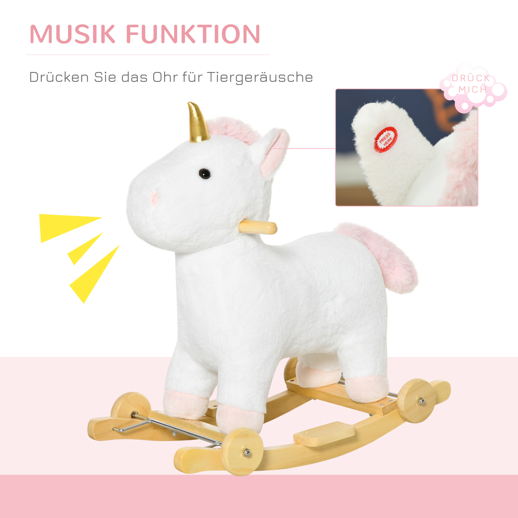 2-IN-1 Schaukelpferd mit Räder Plüsch Schaukeltier Babyschaukel Spielzeug Weiß 63 x 38 x 63 cm