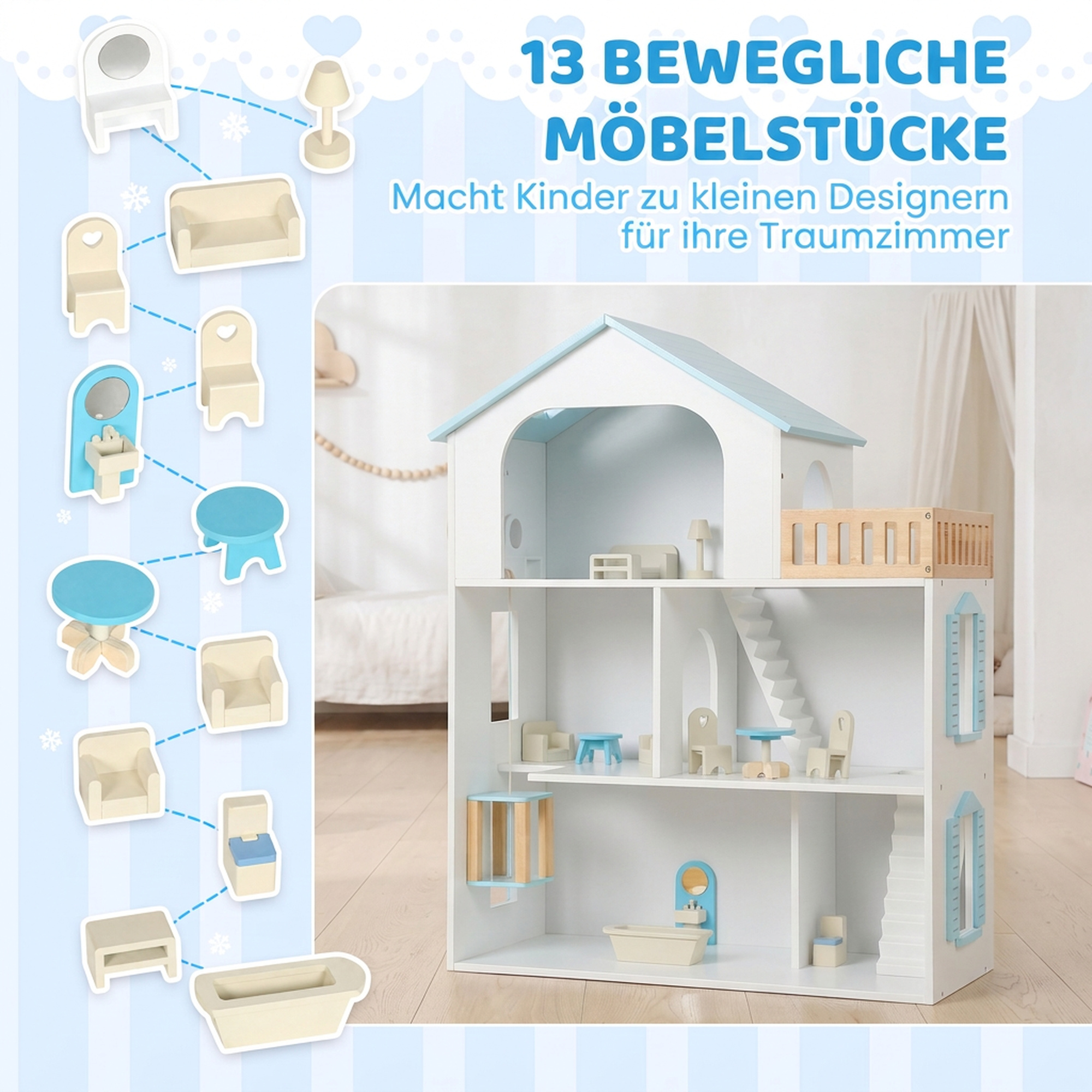 Puppenhaus 79,5 cm Hoch 3-stöckig mit Aufzug 13 Möbeln Balkon Groß Geschenk für Mädchen von 3-6 Jahren Blau