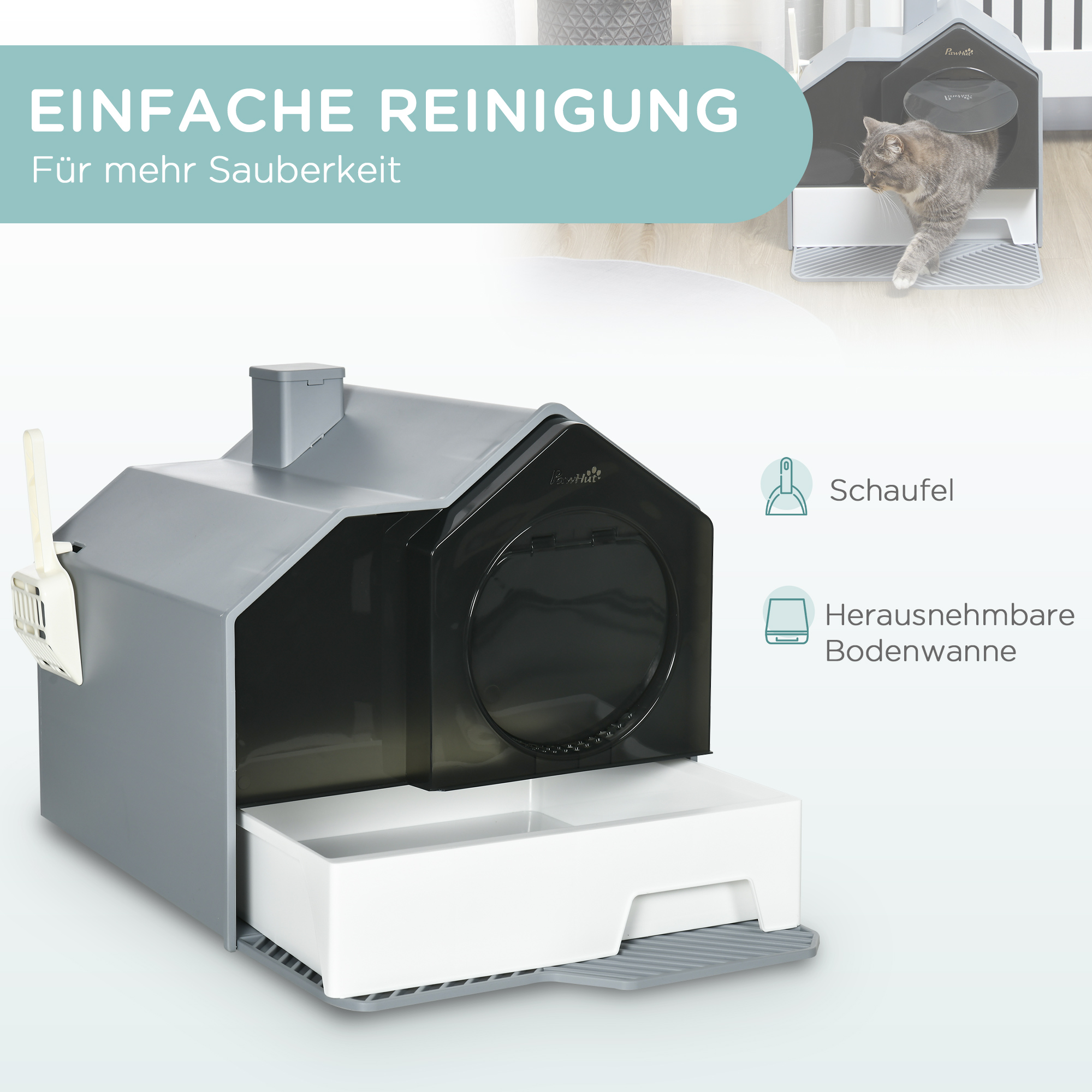Katzentoilette im niedlichen Design, 1 Siebvorleger, 1 Streuschaufel, herausnehmbare Bodenwanne, Grau