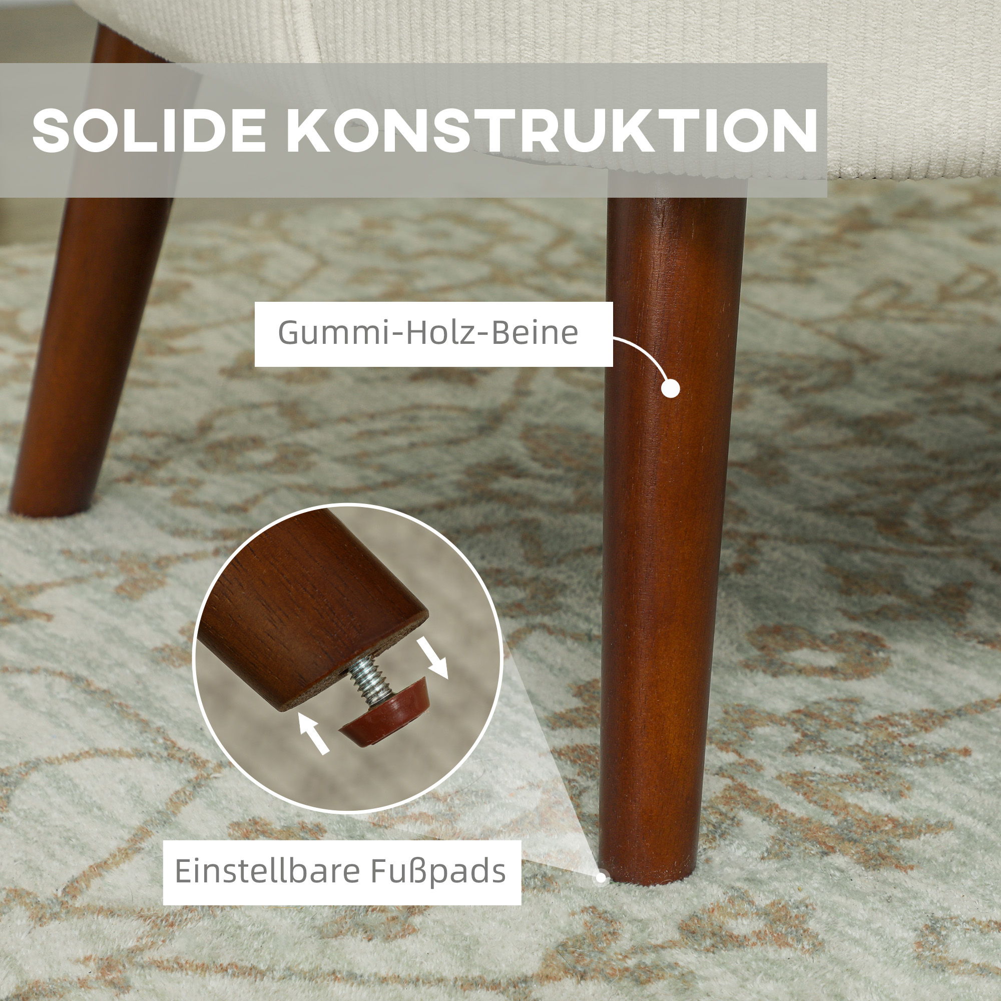 Moderner Armlehnstuhl, Gepolsterter Akzentstuhl mit Lendenkissen, Kautschukholzbeinen, Cremeweiß