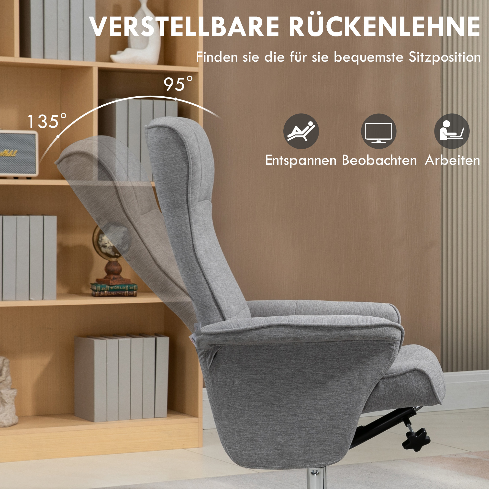 Relaxsessel mit Hocker, drehbar, neigbare Rückenlehne, bis 150 kg, 69 x 71 x 104 cm, Grau