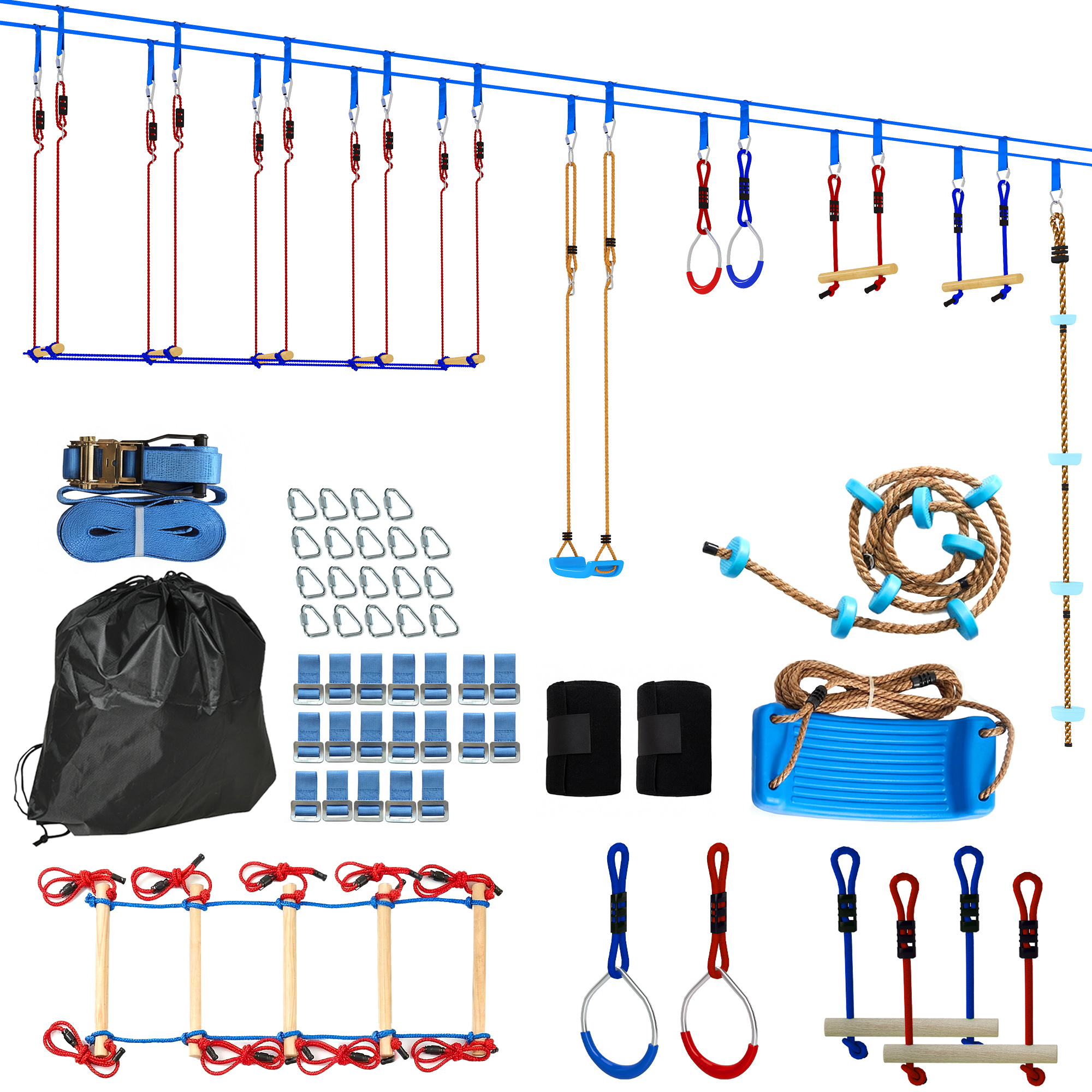 Ninja Line Kinder 24 m Slackline Set mit Turnringe 7 Hindernissen Kletterstange Balancierbrücke für 3-6 Jahre Rot+Blau