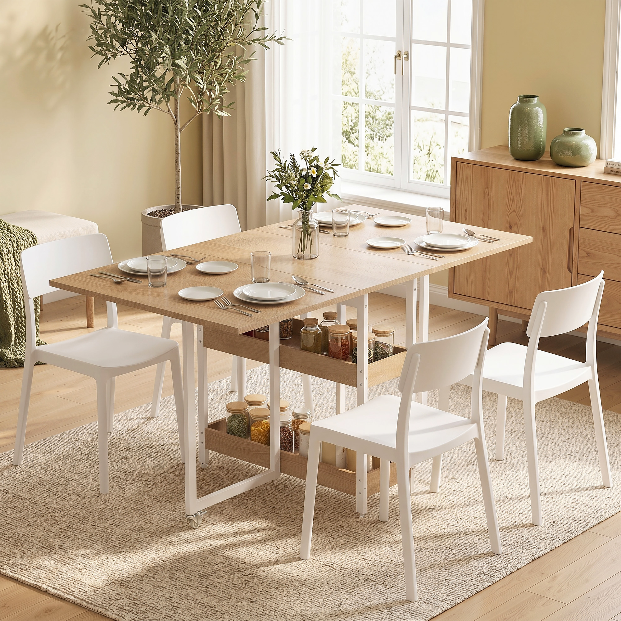 klappbarer Esstisch im Industriedesign, für bis zu 4 Personen, offene Regale, flexibel, Metall, Spanplatte, Holzoptik Natur