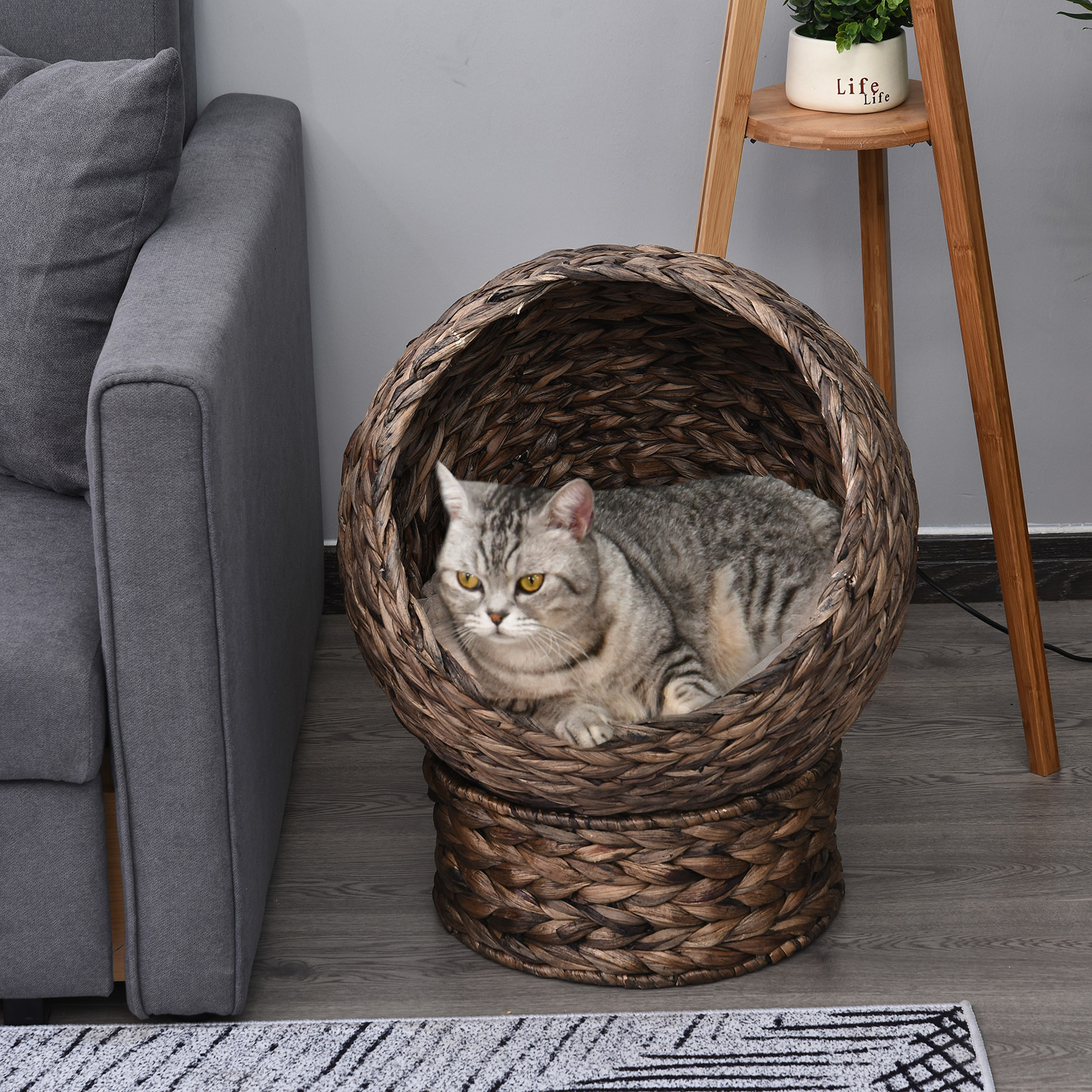 Katzenkorb aus Wasserhyazinthe inkl. Kissen, Katzenbett, Haustierbett,50 cm x 42 cm x 60 cm, Braun + Beige