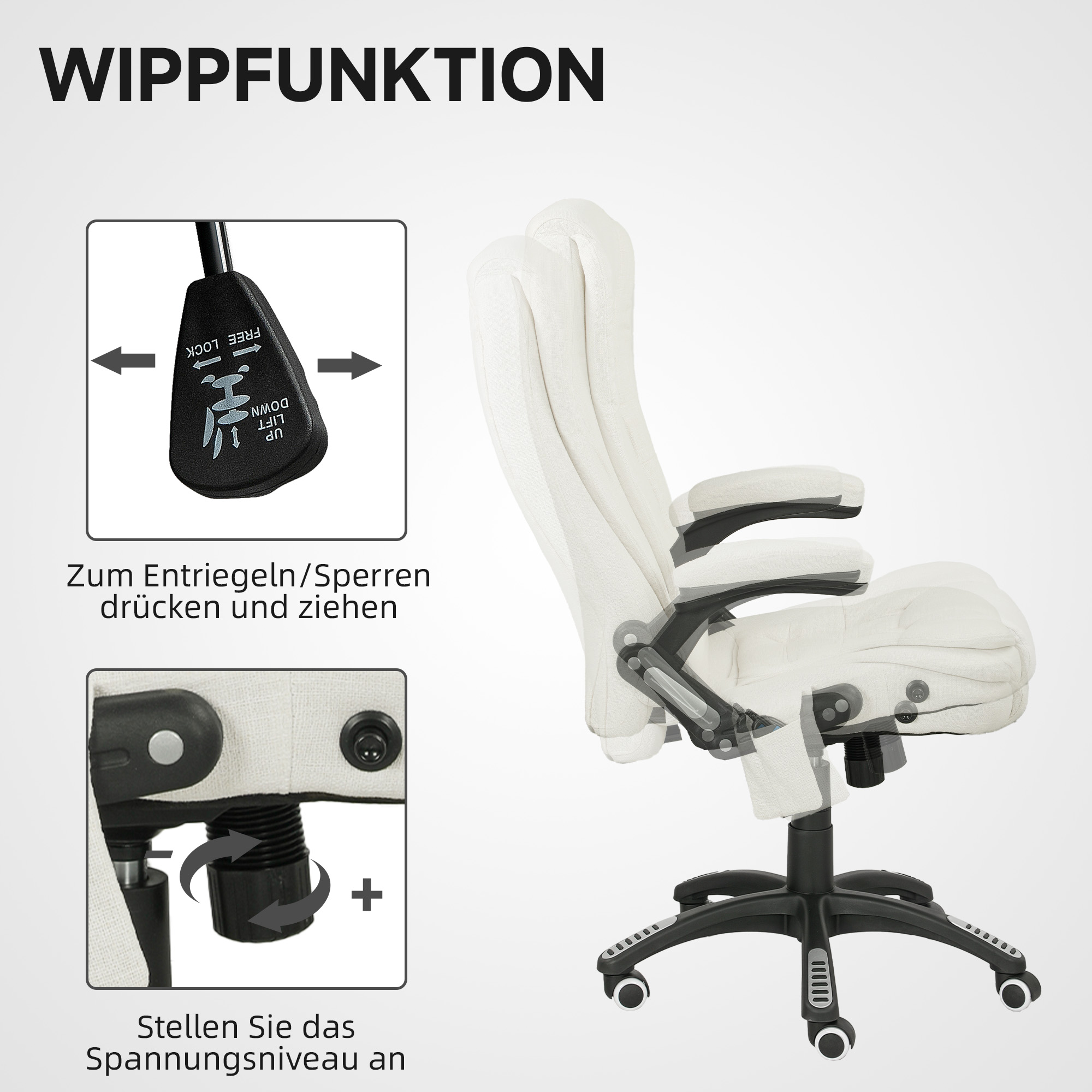 ergonomischer Schreibtischstuhl mit Massagefunktion, 68 x 72 x 110–120 cm, Cremeweiß