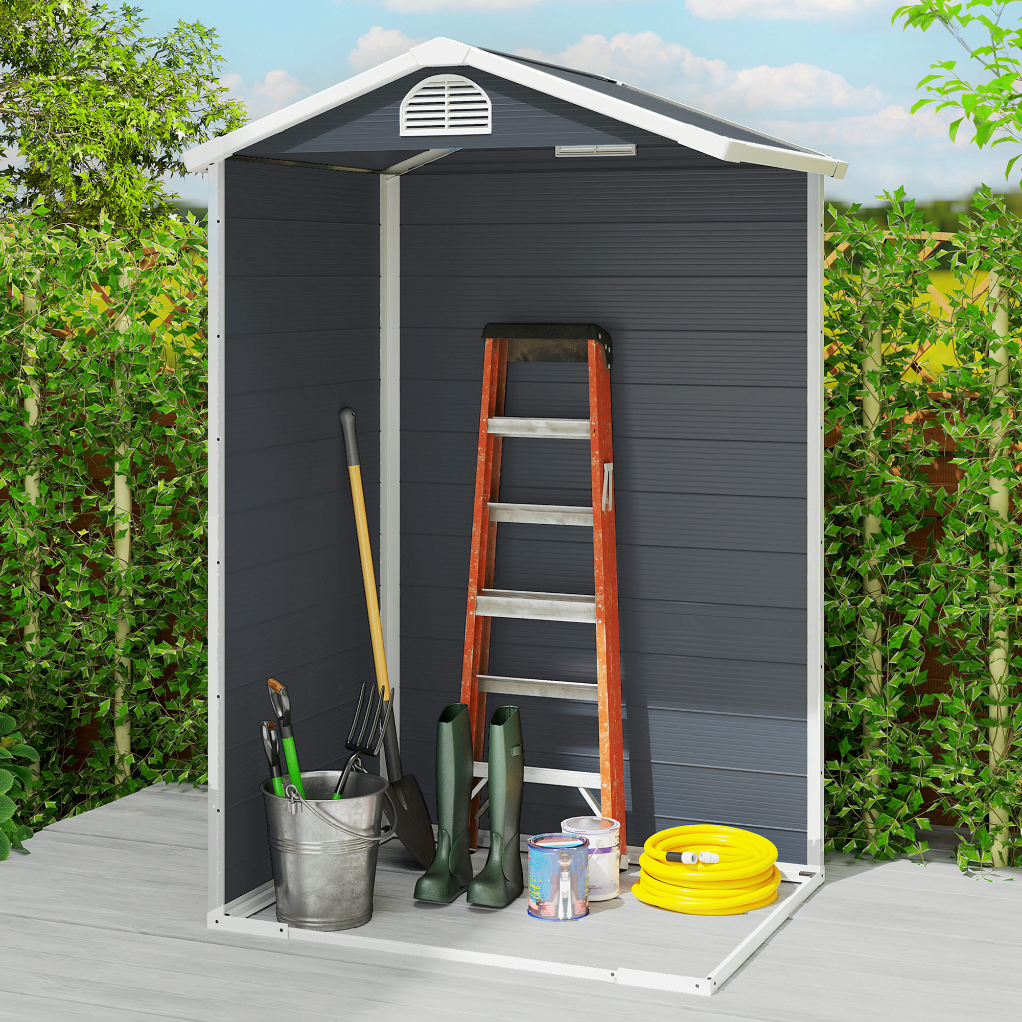 Gerätehaus 1,1m², Geräteschuppen mit Satteldach, 134 x 104 x 204 cm, Kunststoff Gartenchuppen mit Abschließbar Tür Belüftungsöffnung Fenster, Gartenhaus für Garten Dunkelgrau