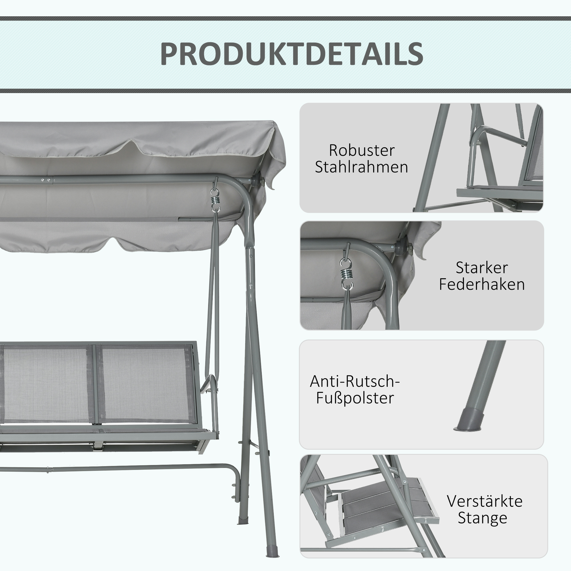 Hollywoodschaukel mit verstellbarem Sonnendach, 3-Sitzer Gartenschaukel mit Anti-Rutsch-Füßen, Schaukelbank belastbar bis 240 kg, Gartenliege für Garten, Terasse, 171x108x154cm, Grau