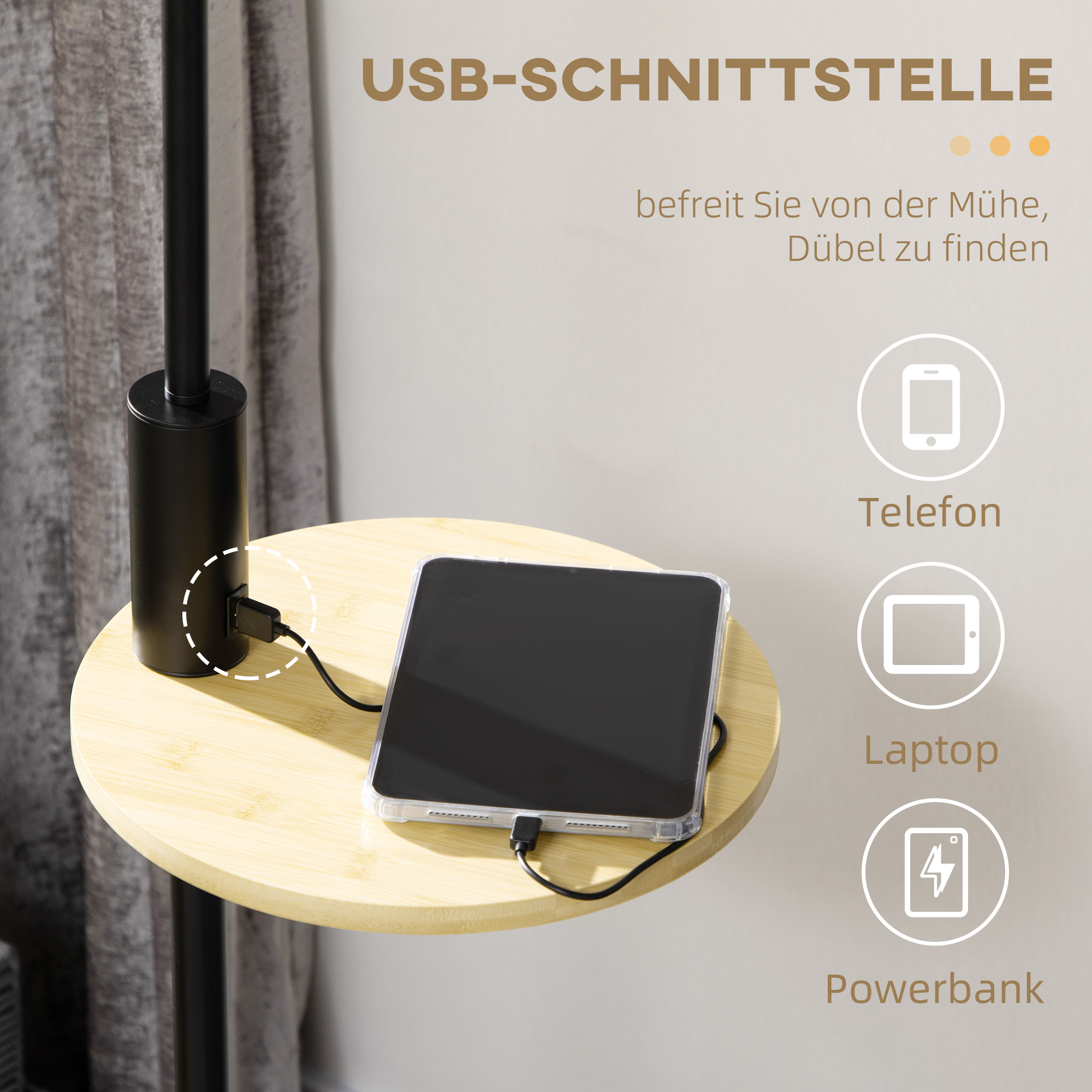Stehleuchte inkl. Regal, Standleuchte, Kettenzug, E 27, 40 W, Bambus, Natur + Schwarz