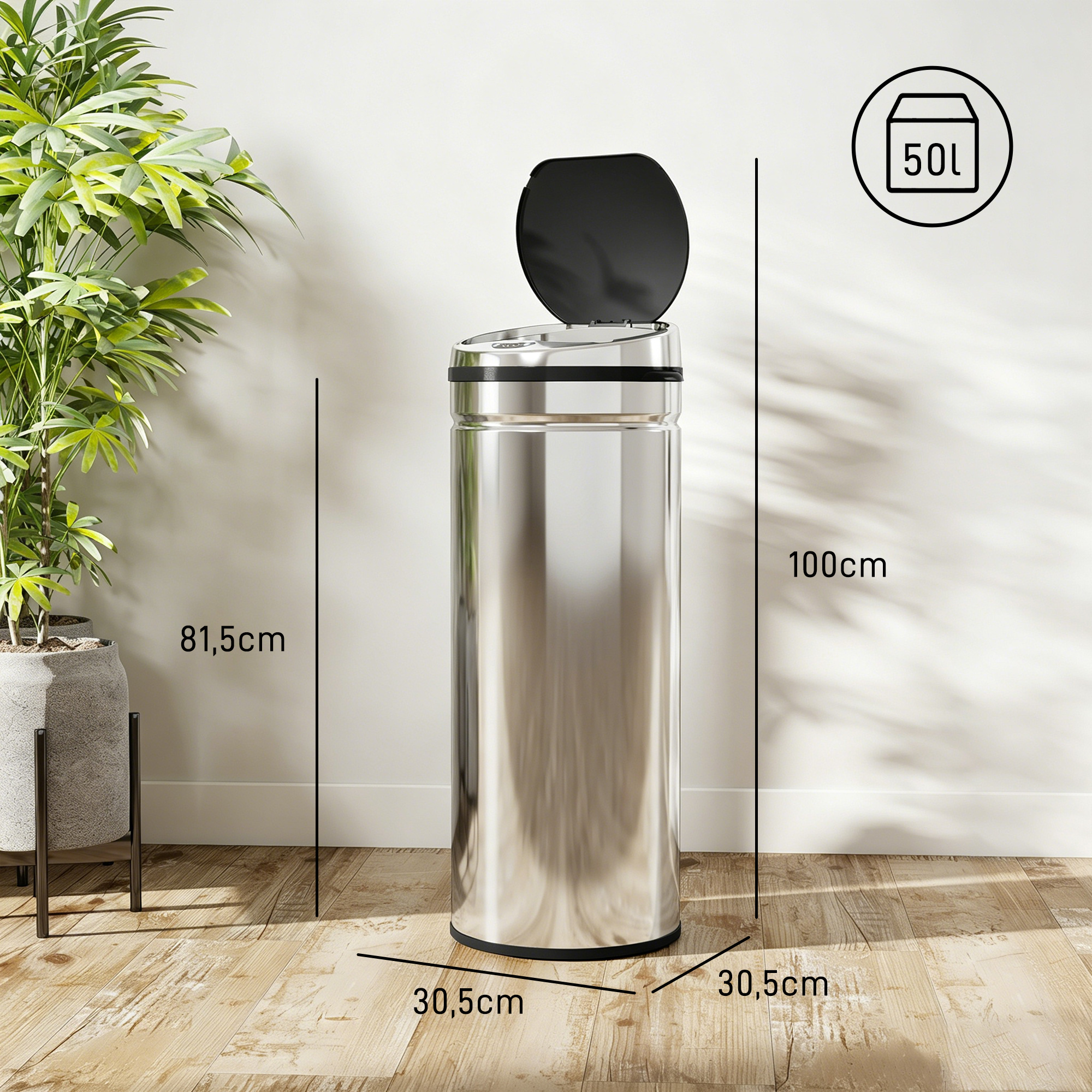 50 L Sensor Mülleimer, Automatischer Abfalleimer, Rostfreier Kücheneimer mit Infrarotsensor, für Küche, Esszimmer