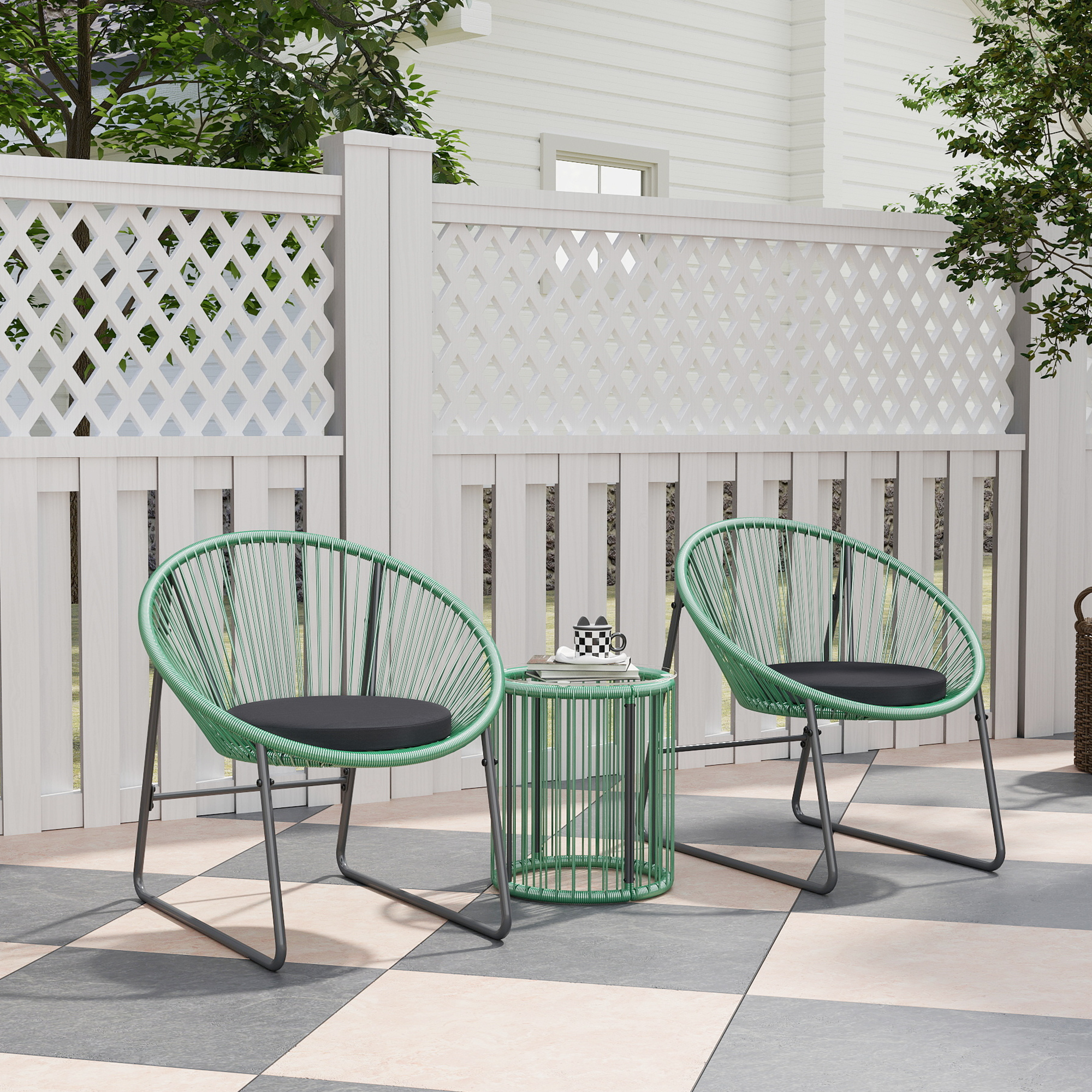 3-teiliges Outdoor-Möbelset, 1 Tisch, 2 Stühle, Glastischplatte, Kunststoff-Rattan um Stahlrahmen, weiche Kissen, Grün