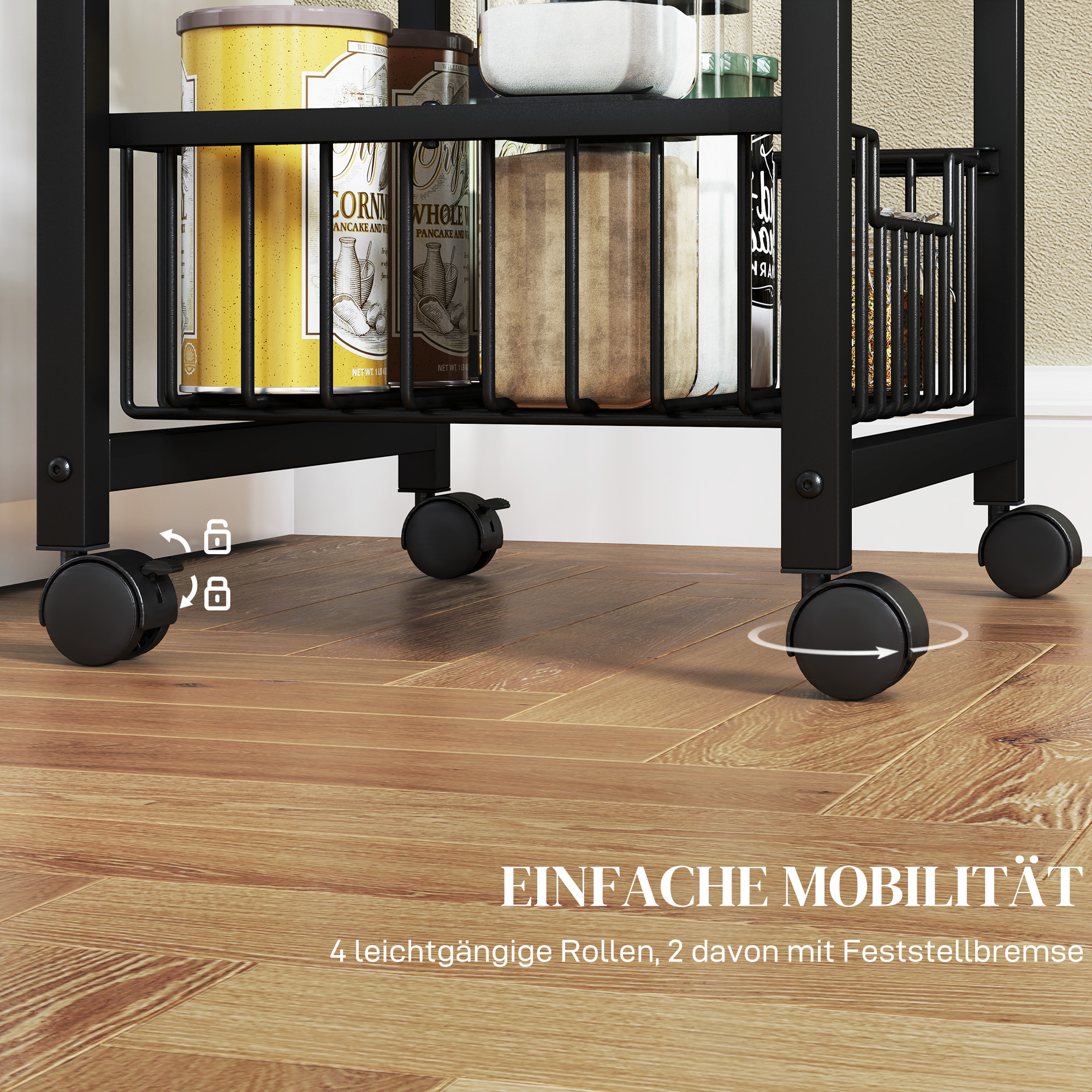 3-stufige Küchenwagen auf Rädern, Rollbarer Servierwagen, Küchen-Trolley mit 3 Stahlkörben, Servierwagen