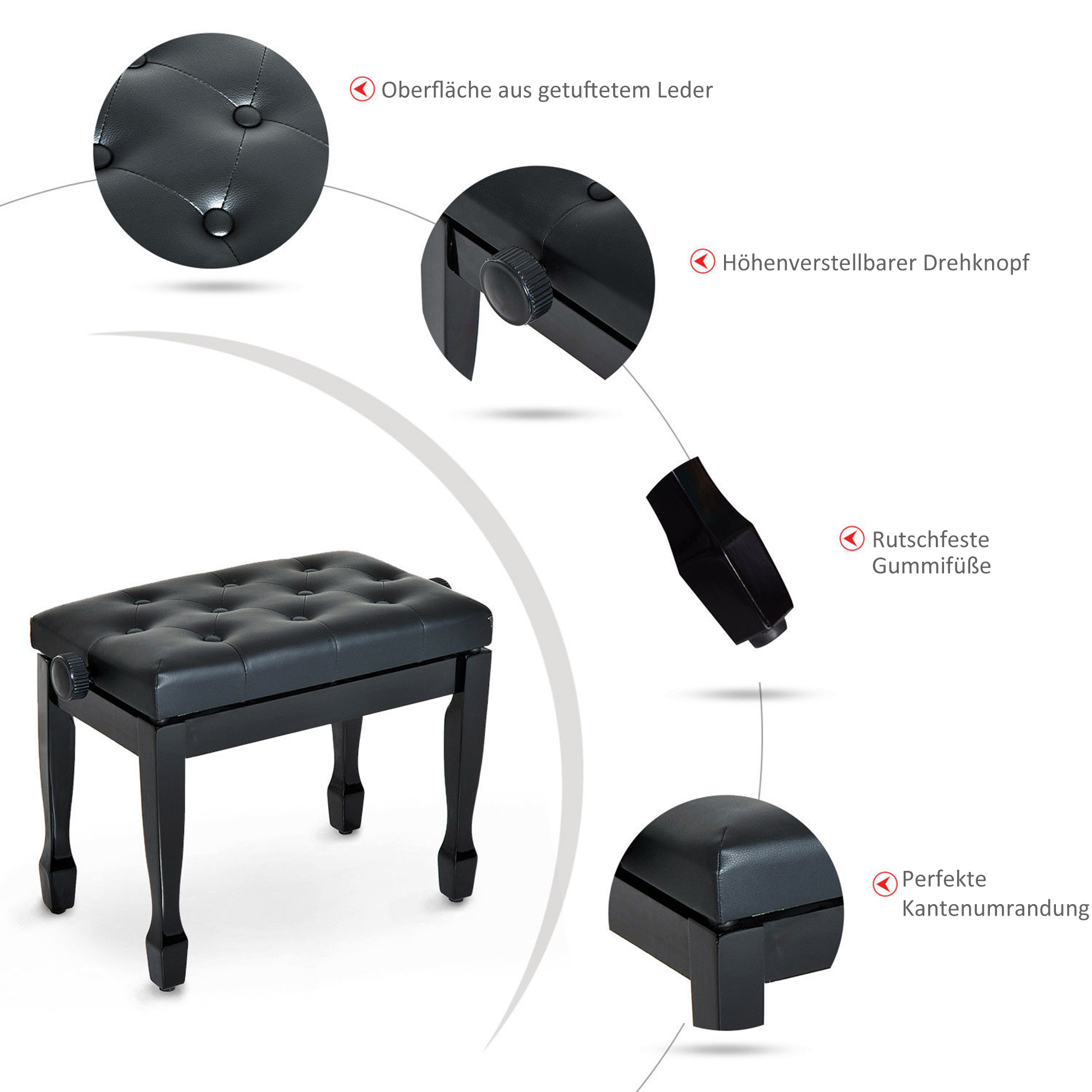 Klavierhocker Höhenverstellbar Klavierbank, Pianobank mit Kunstleder Kissen Keyboardhocker für Piano Keyboard 64 x 35 x 45-55 cm Schwarz