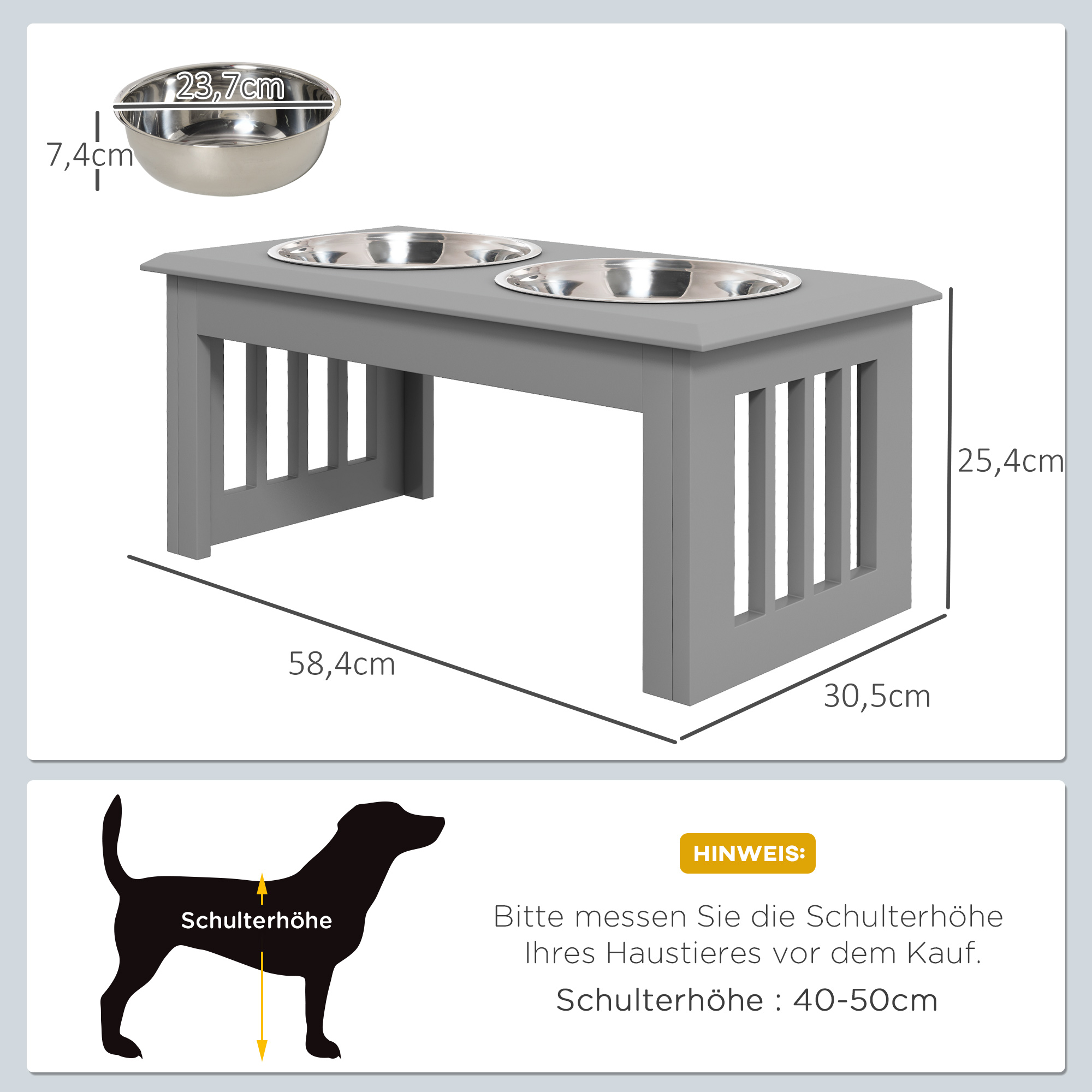 Hunde-Futterstation, 2 Edelstahlnäpfe, rutschfest, 58,4x30,5x25,4cm, Grau