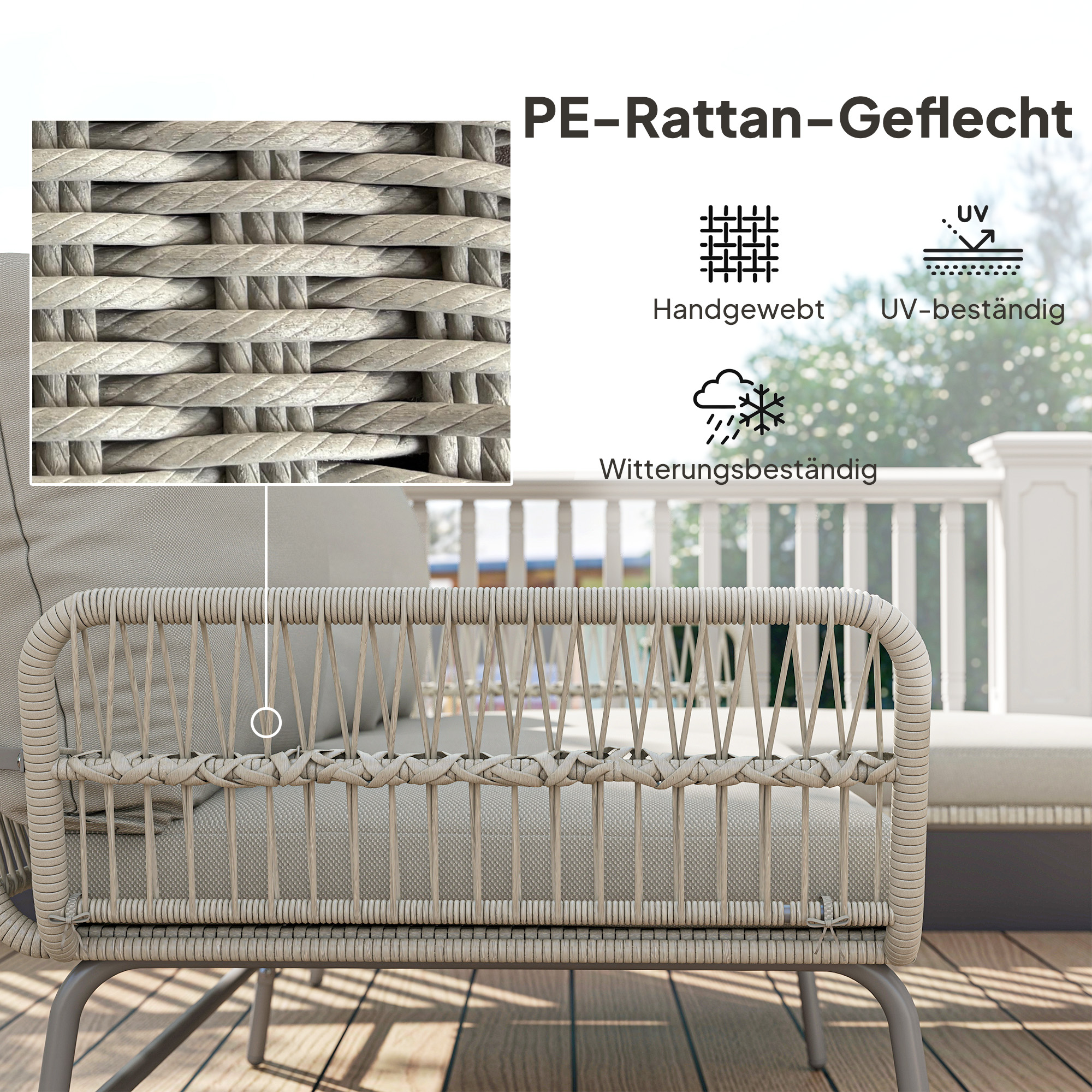 Polyrattan Gartenmöbel Set 3-teilig mit Sonnenliege Zweisitzersofa Couchtisch abnehmbar Kissen Hellgrau
