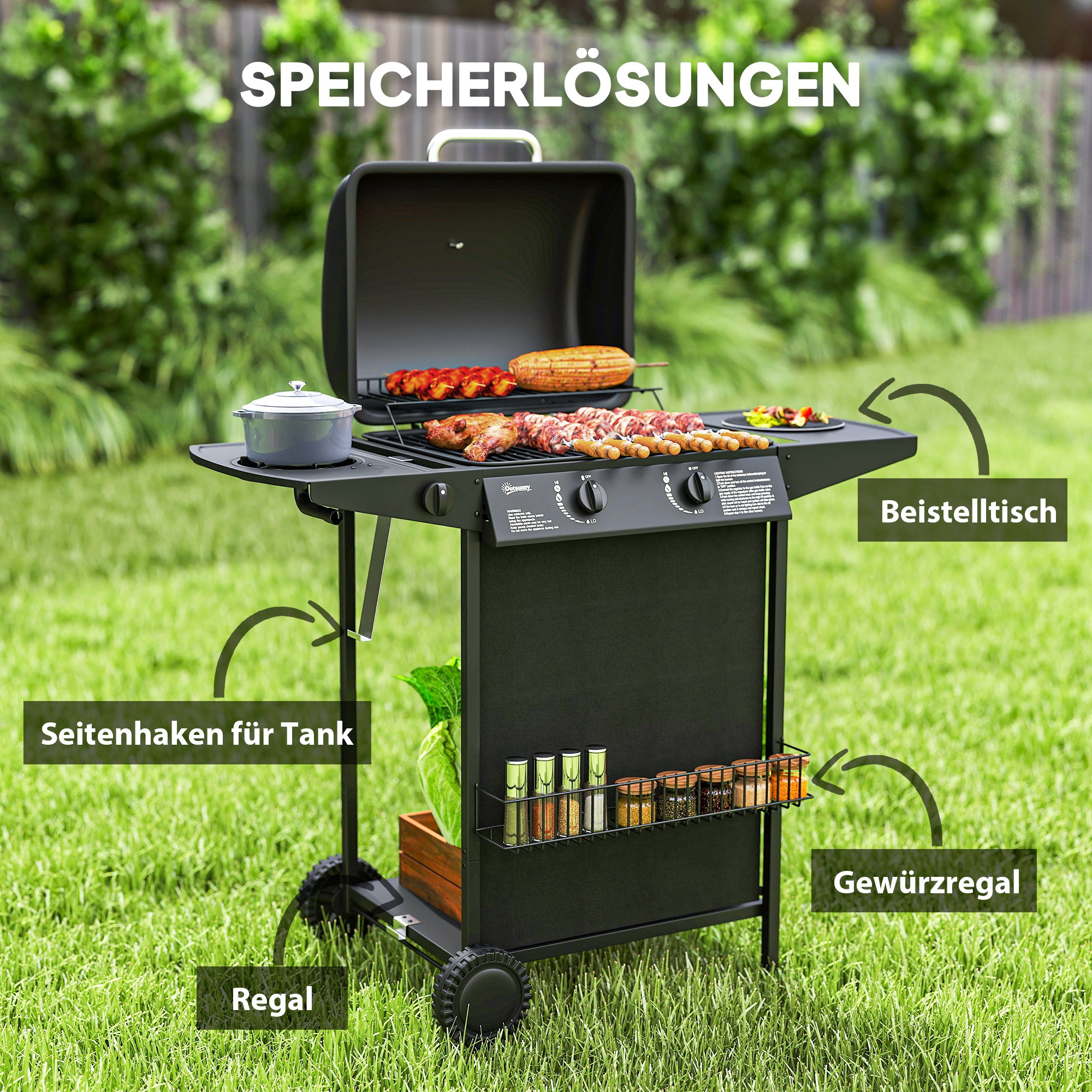 Gasgrill 7 KW Grillwagen inkl 3 Brenner Seitenkocher Rolle Deckel 107 x 54 x 96 cm Schwarz